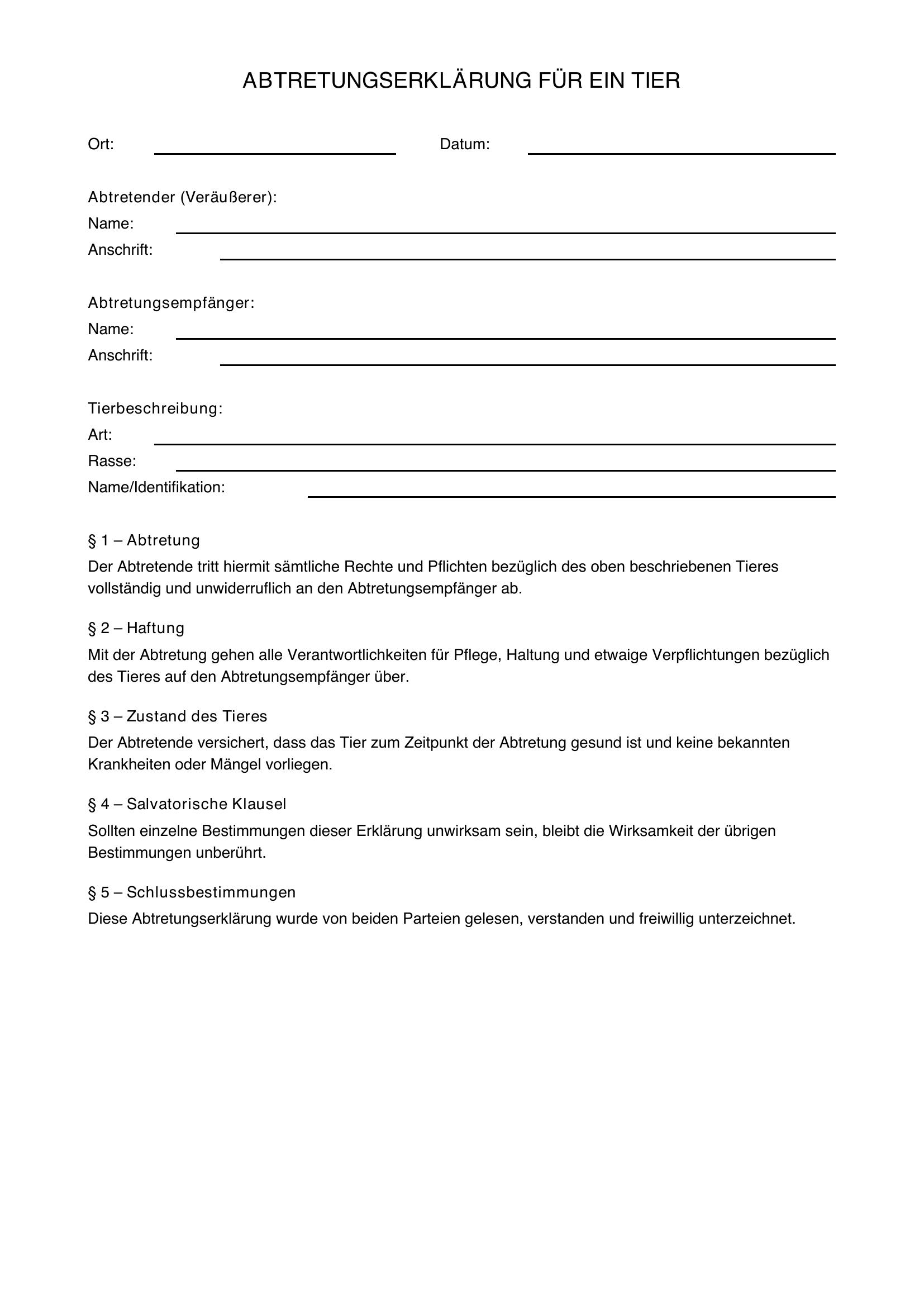 Abtretungserklärung Tier Vorlage