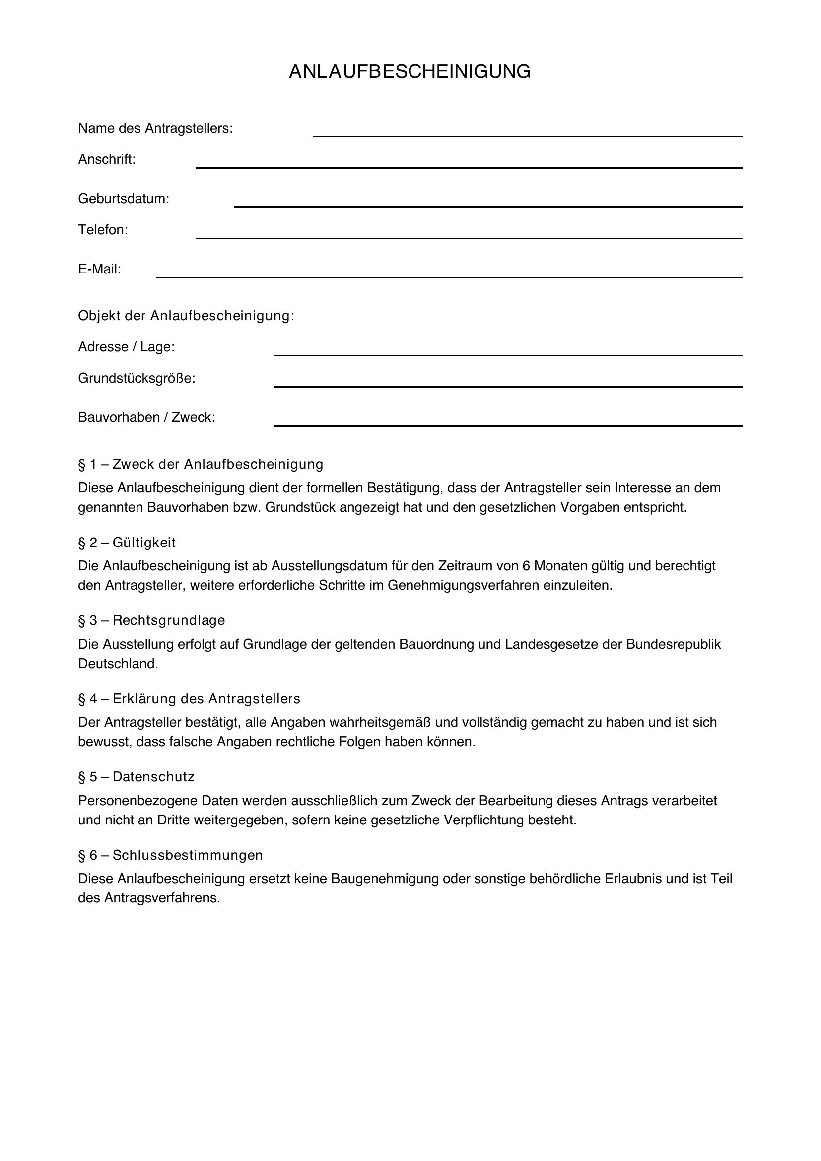 Anlaufbescheinigung Formular