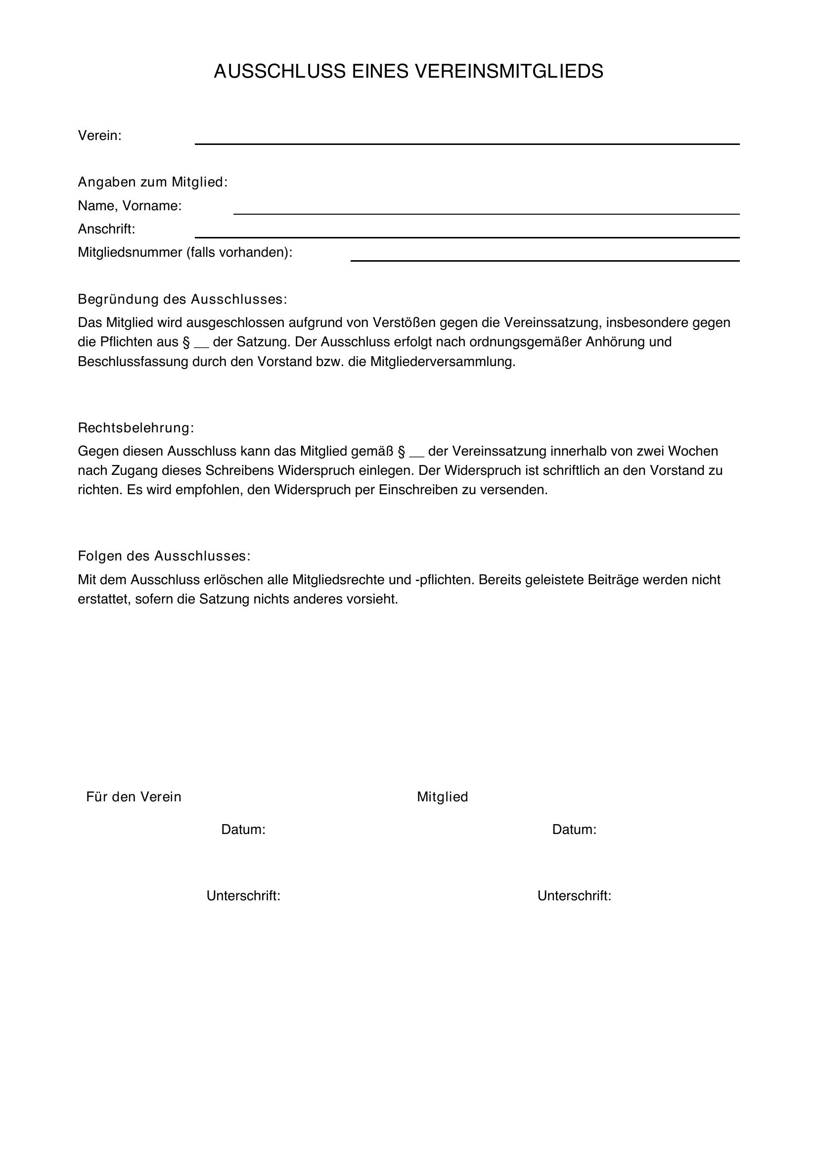 Ausschluss Vereinsmitglied Musterbrief