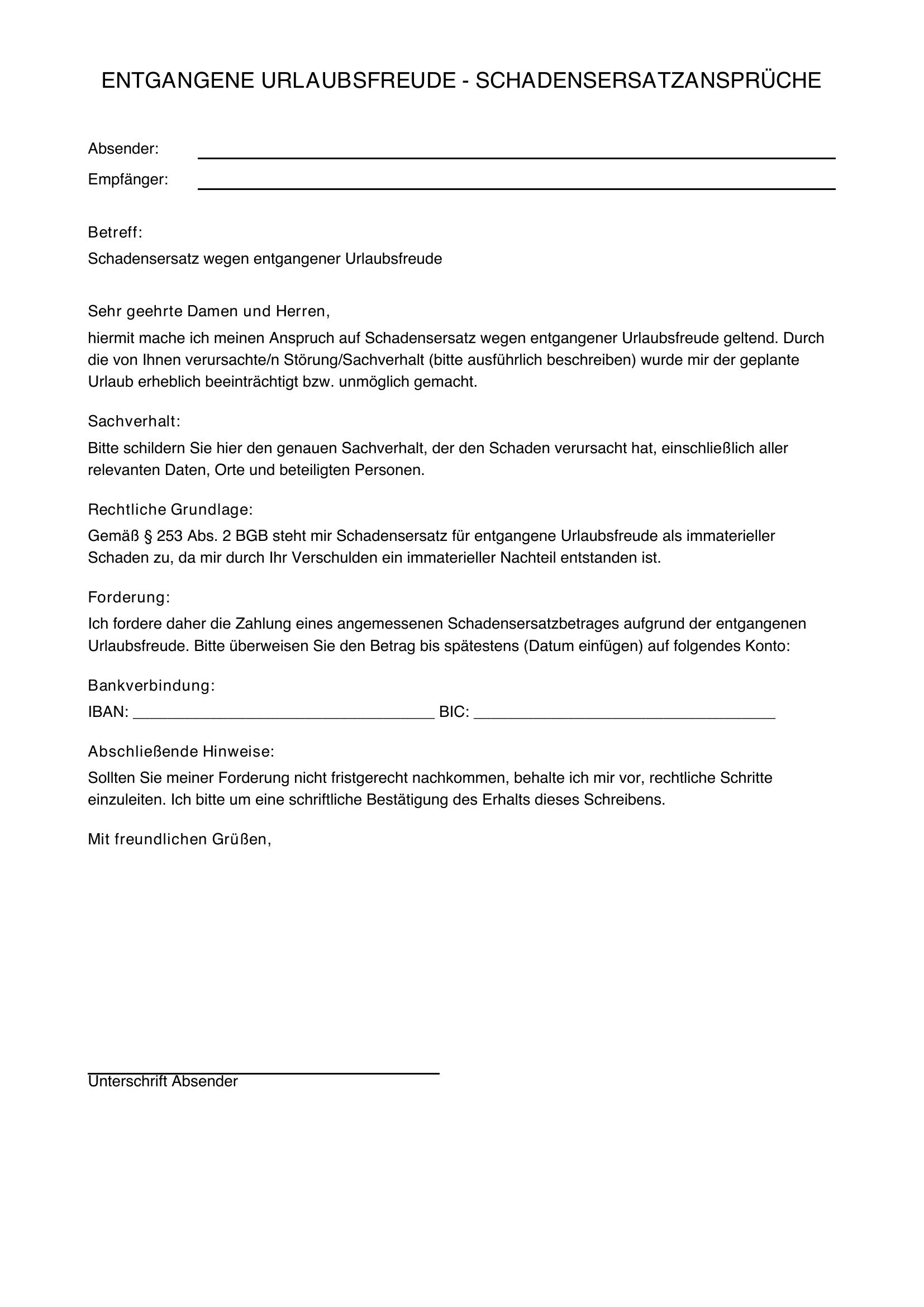 Musterbrief Entgangene Urlaubsfreude