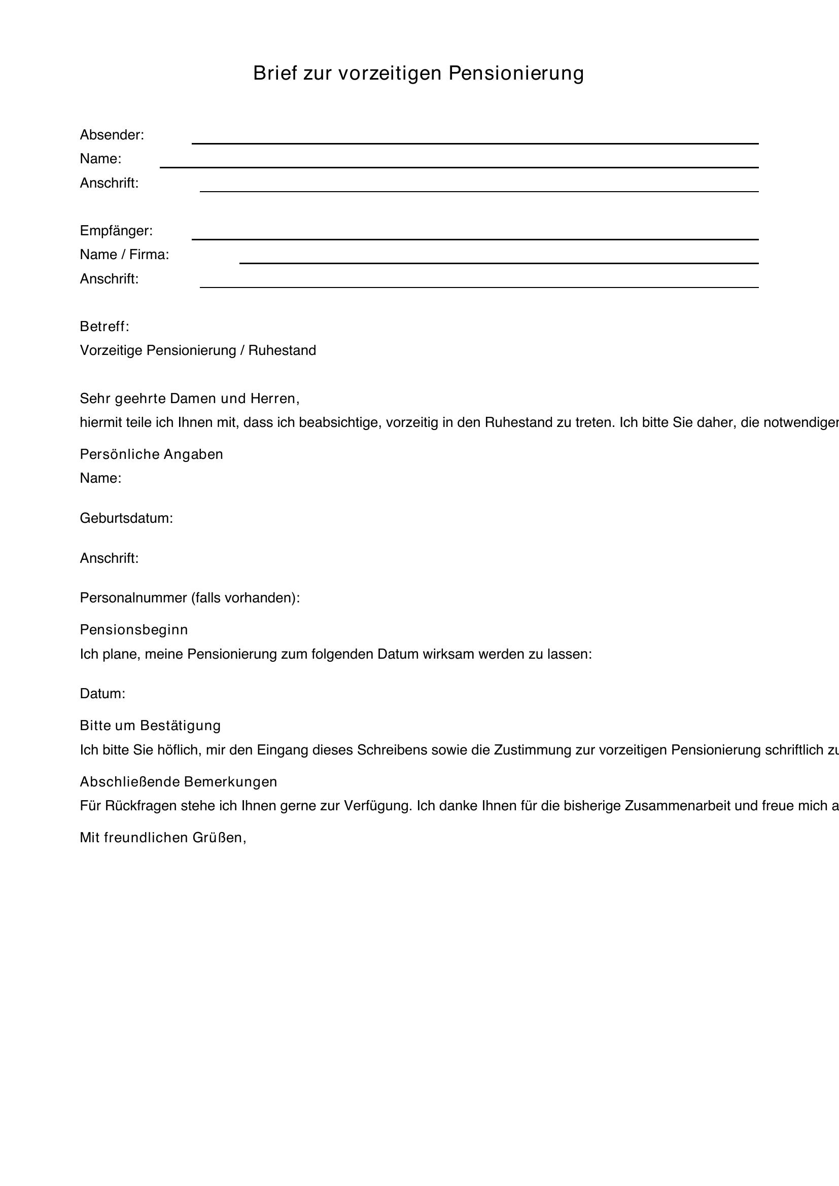 Musterbrief Vorzeitige Pensionierung