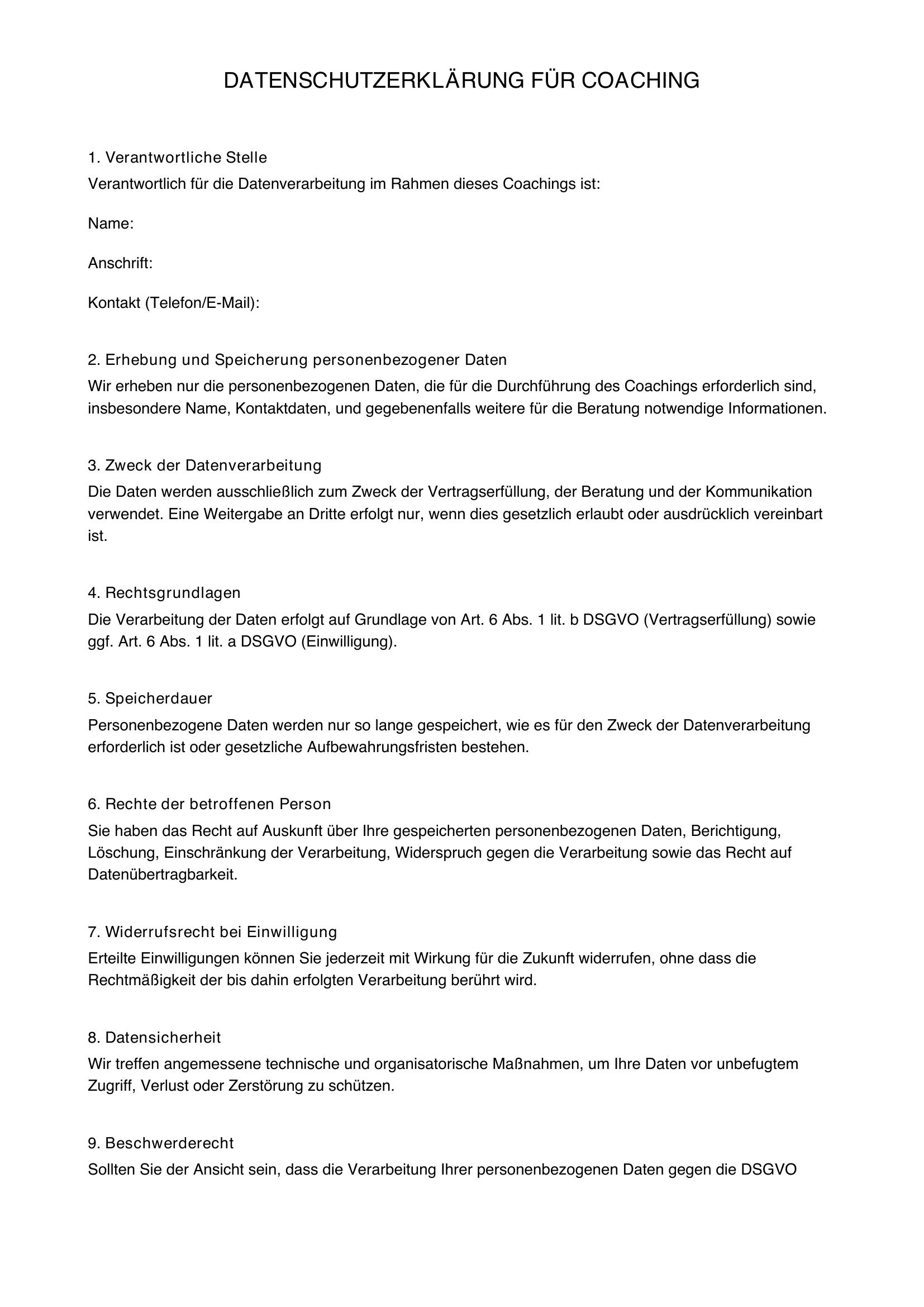 Datenschutzerklärung Coaching Muster