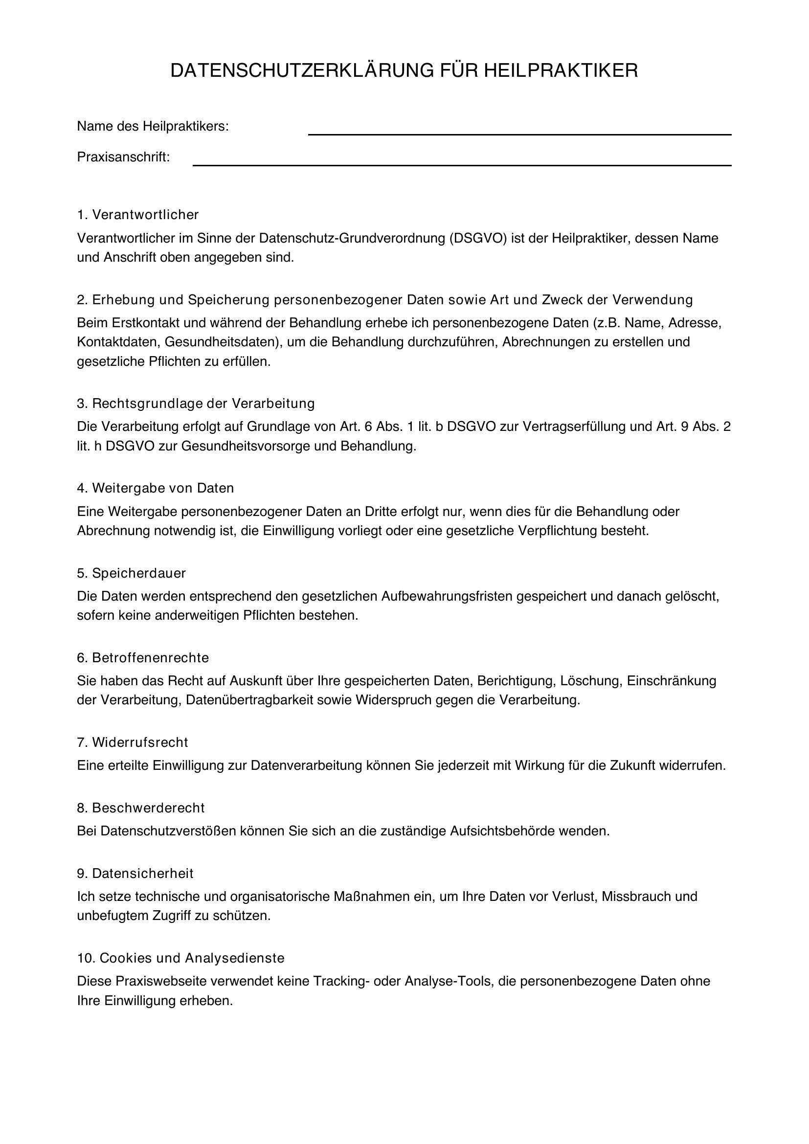 Datenschutzerklärung Heilpraktiker Muster