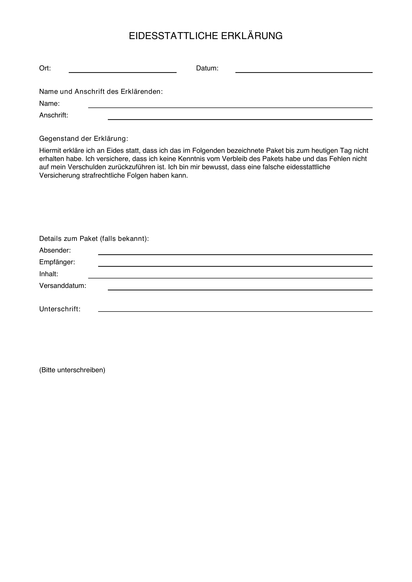 Eidesstattliche Erklärung Paket Nicht Erhalten Muster