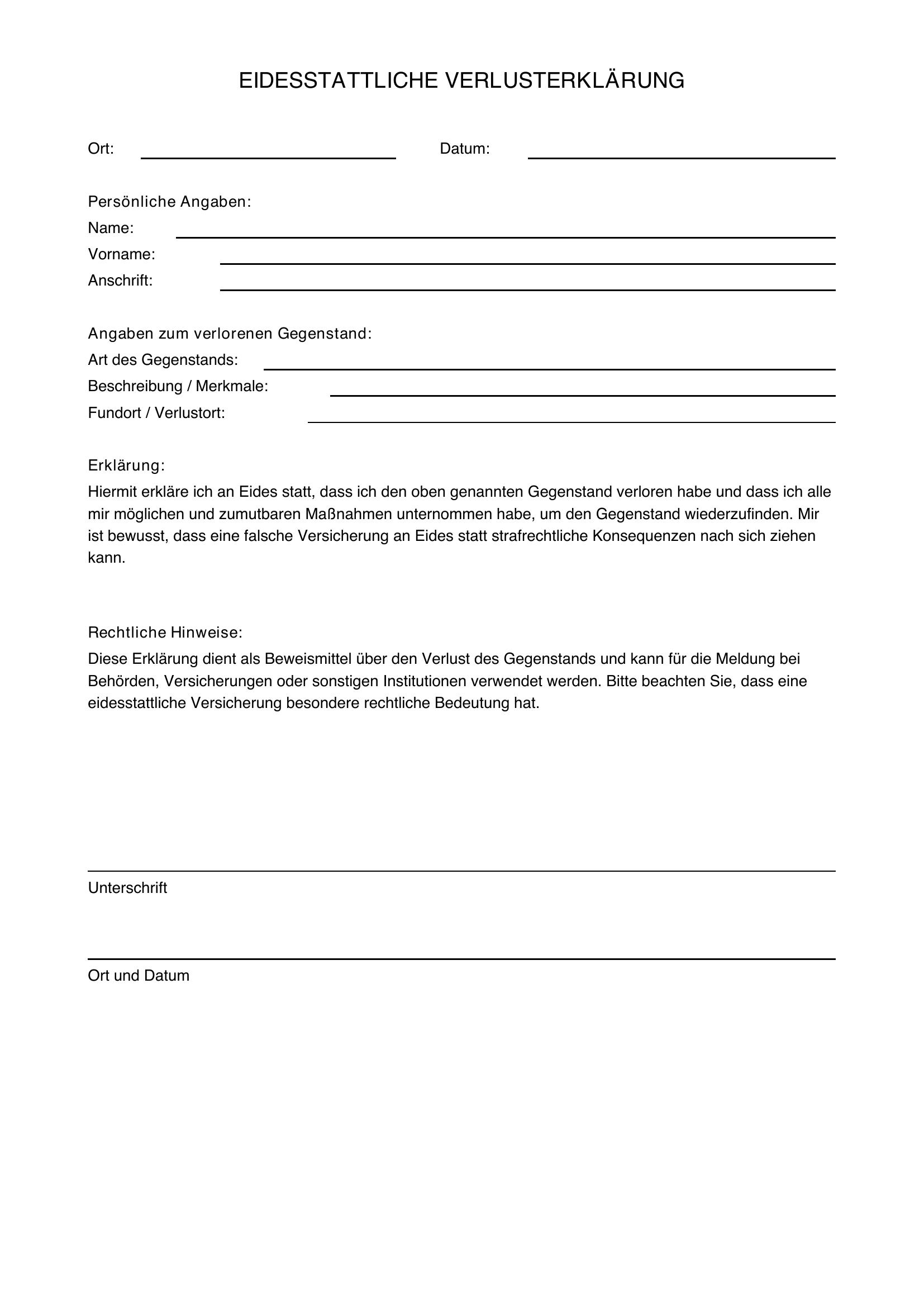 Eidesstattliche Verlusterklärung Muster
