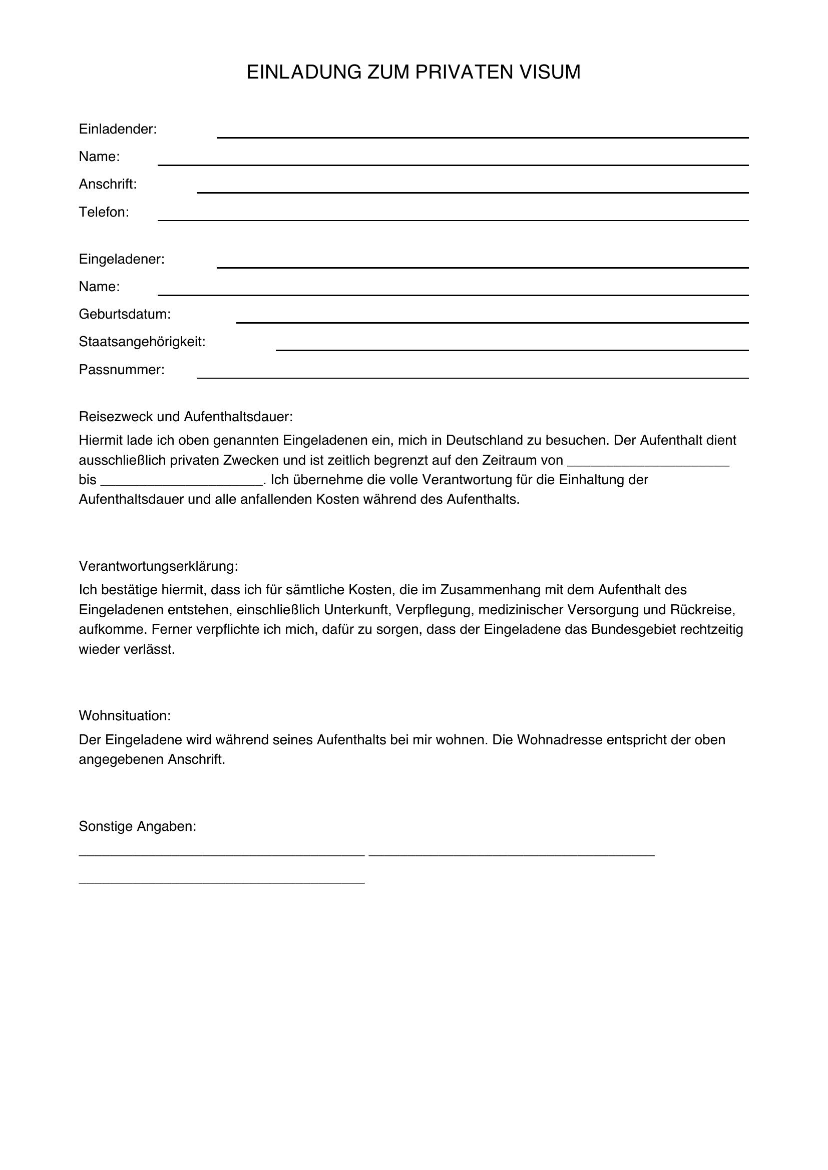 Einladungsschreiben Visum Muster Privat