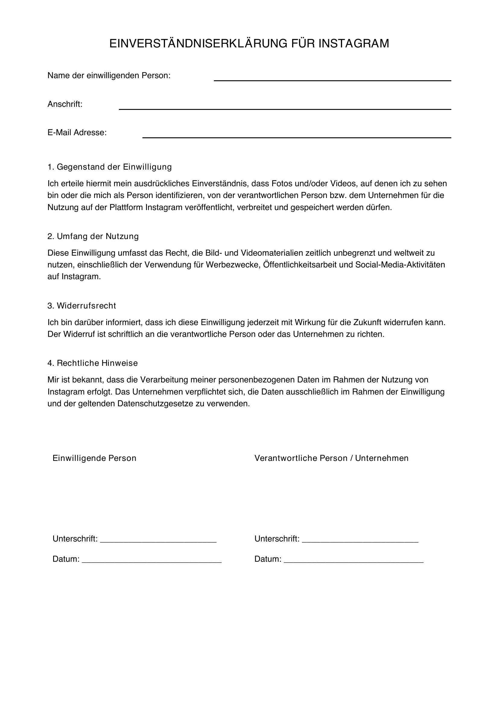 Einverständniserklärung Instagram Vorlage