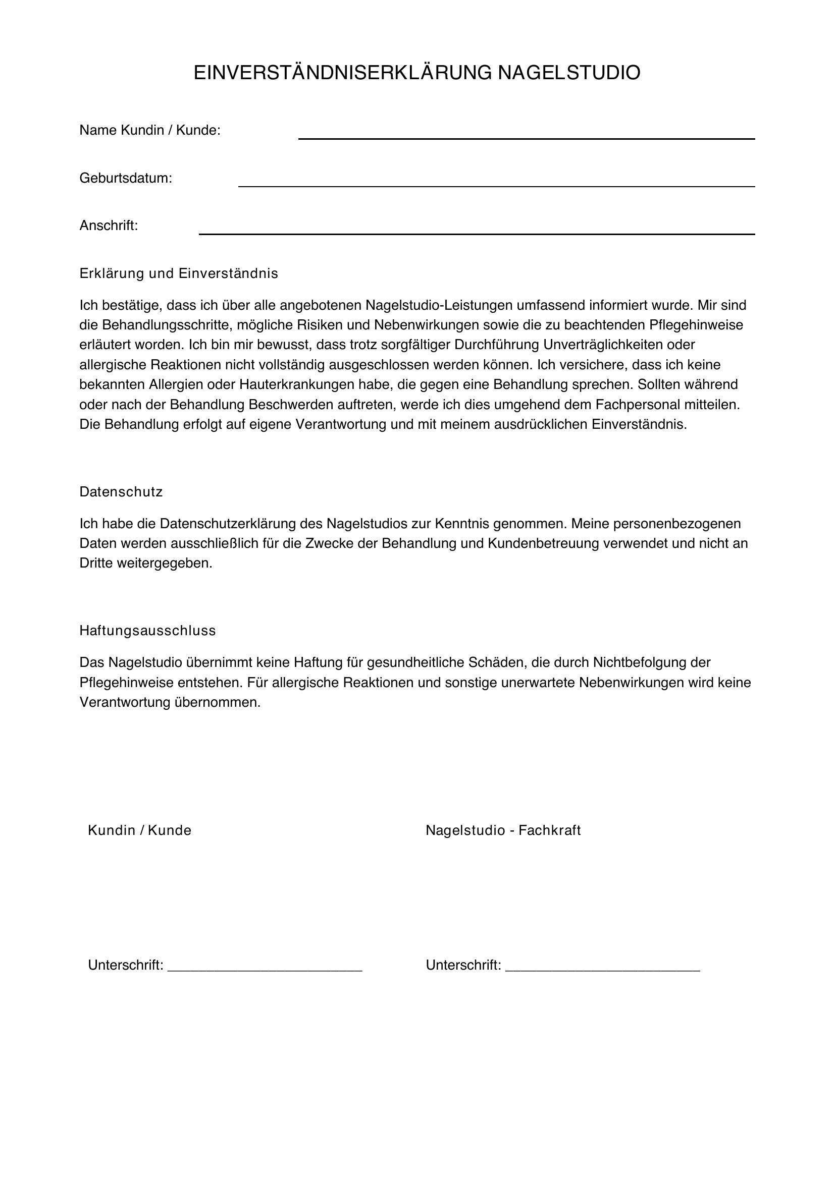 Einverständniserklärung Nagelstudio Vorlage