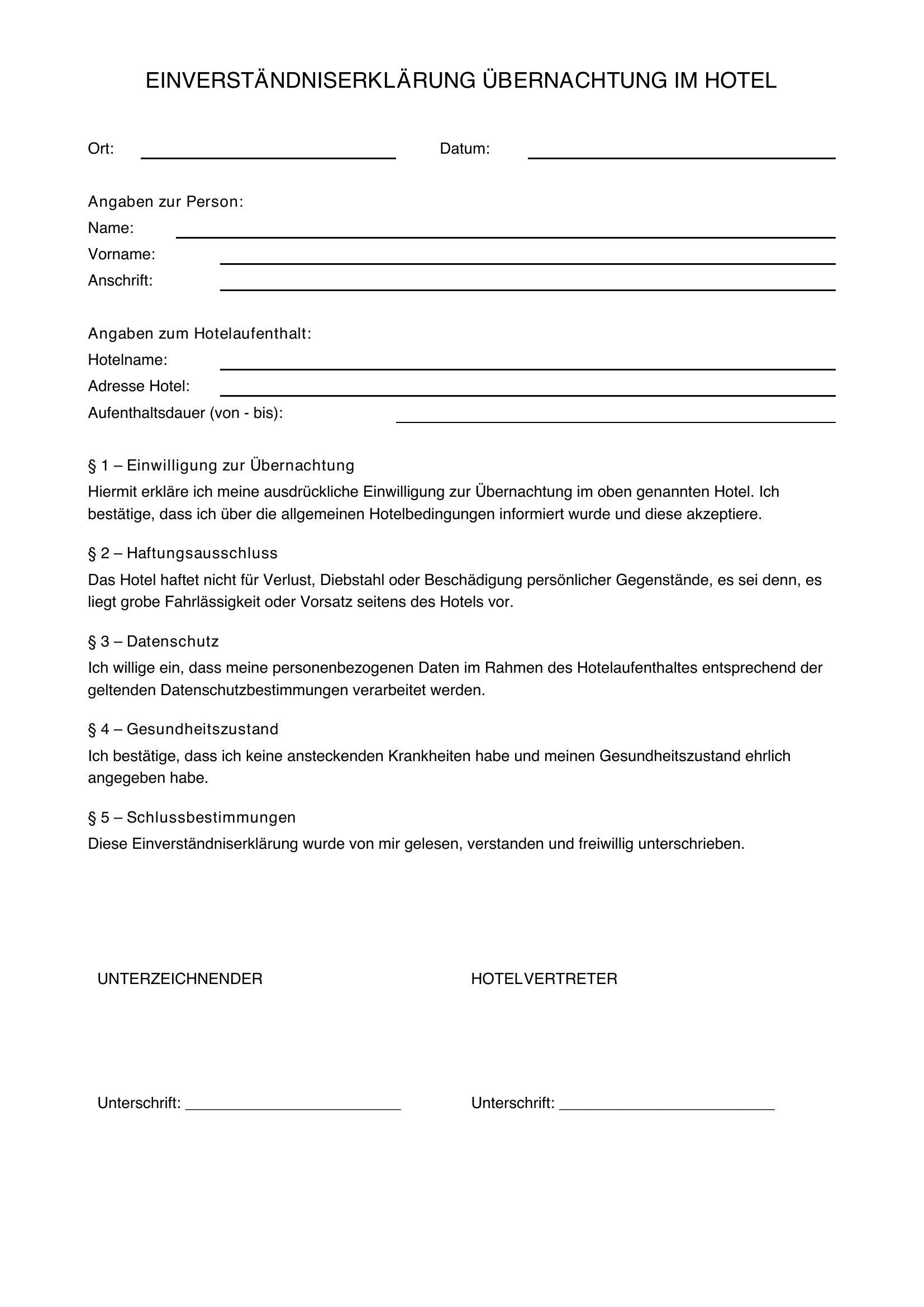 Einverständniserklärung Übernachtung Hotel Muster