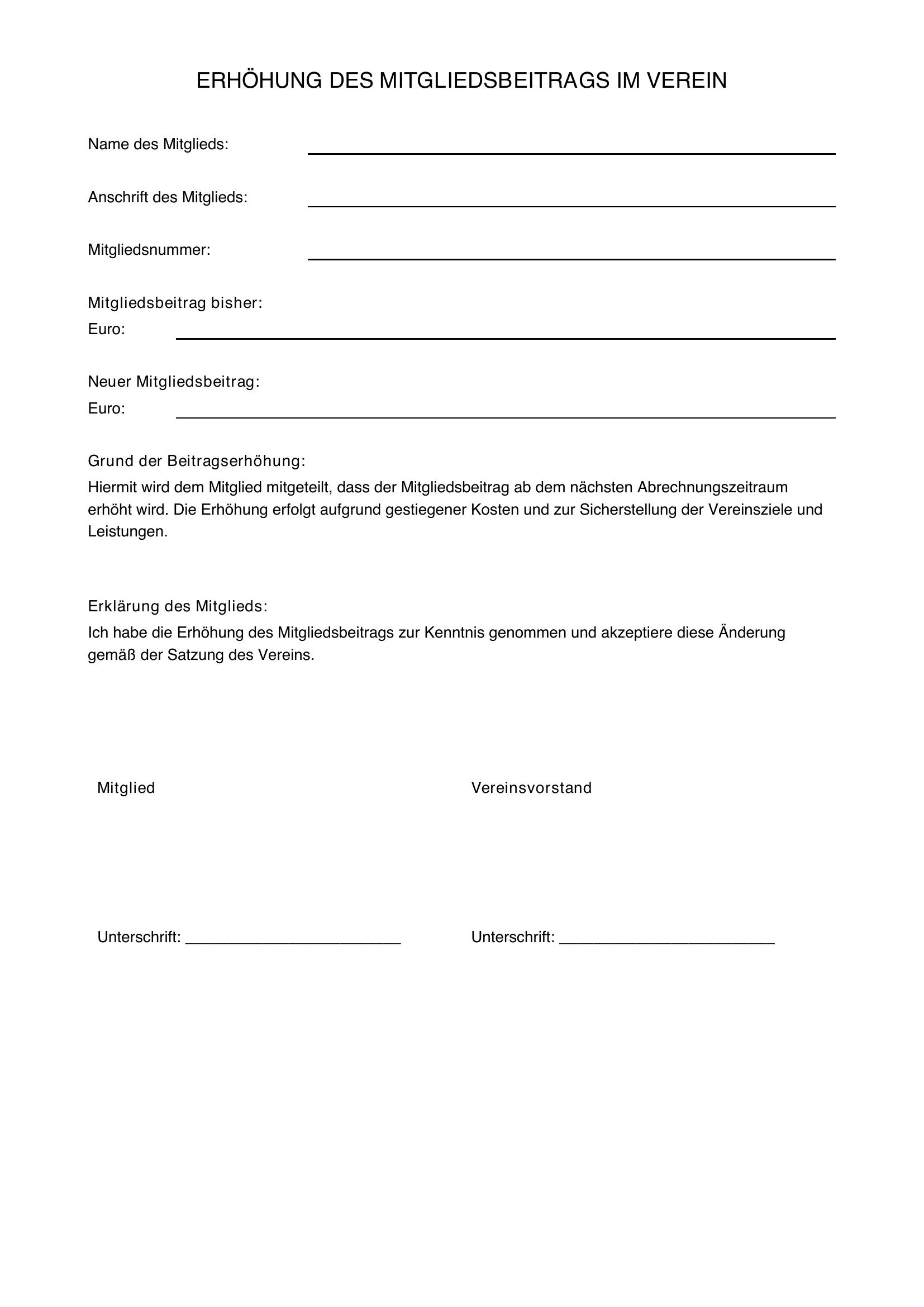 Erhöhung Mitgliedsbeitrag Verein Vorlage