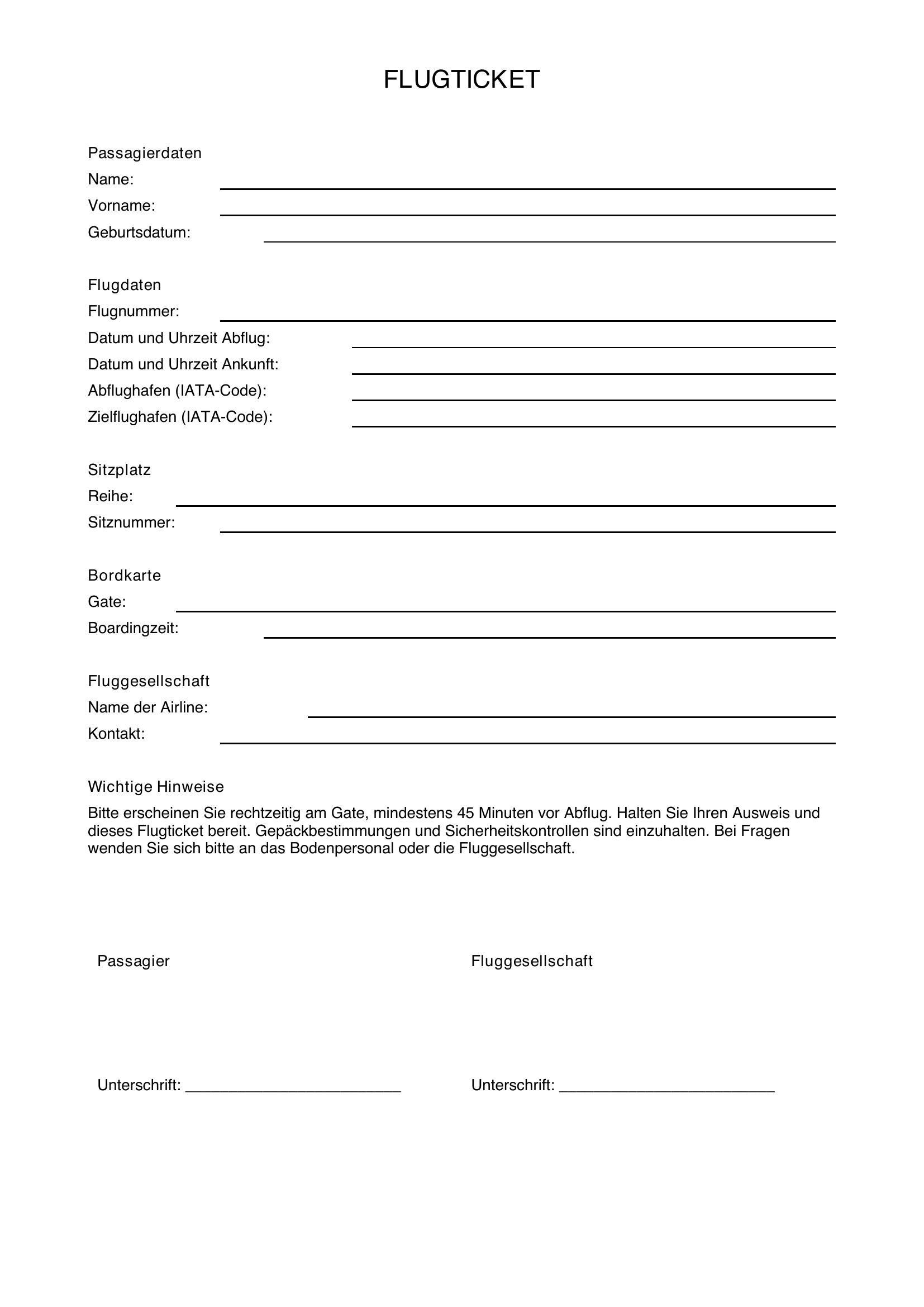 Flugticket Vorlage