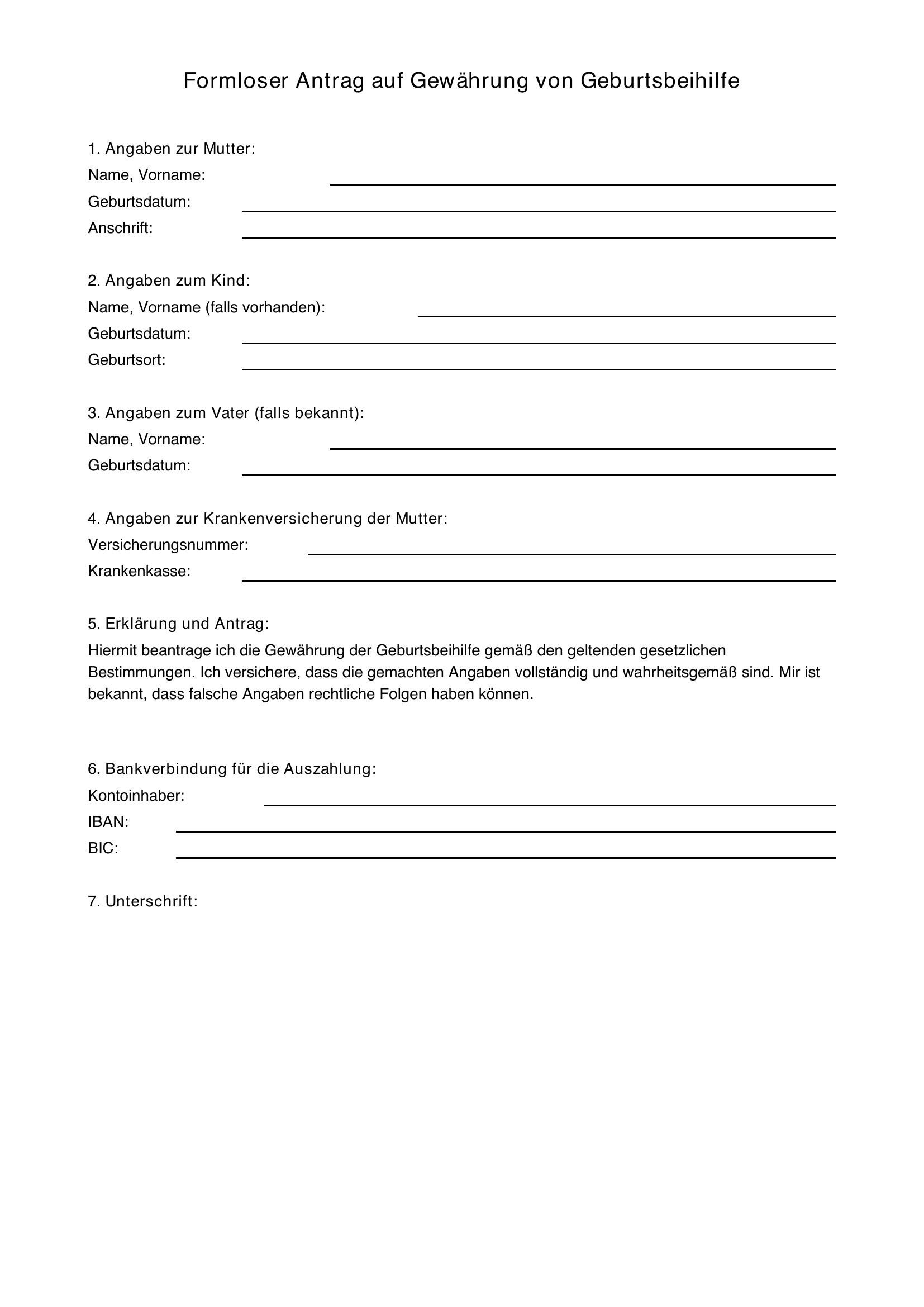 Geburtsbeihilfe Formloser Antrag
