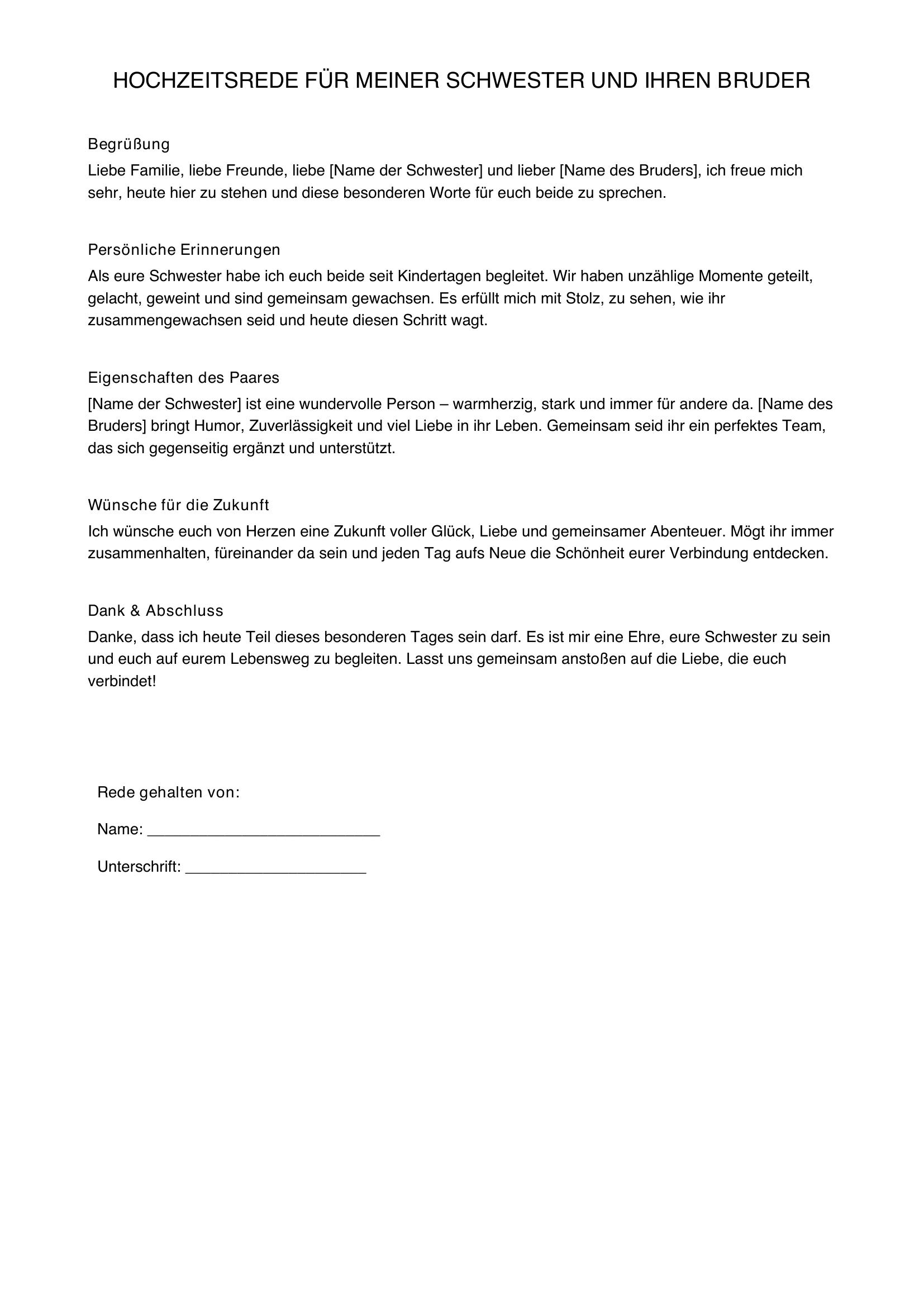 Hochzeitsrede Schwester Für Bruder Vorlage