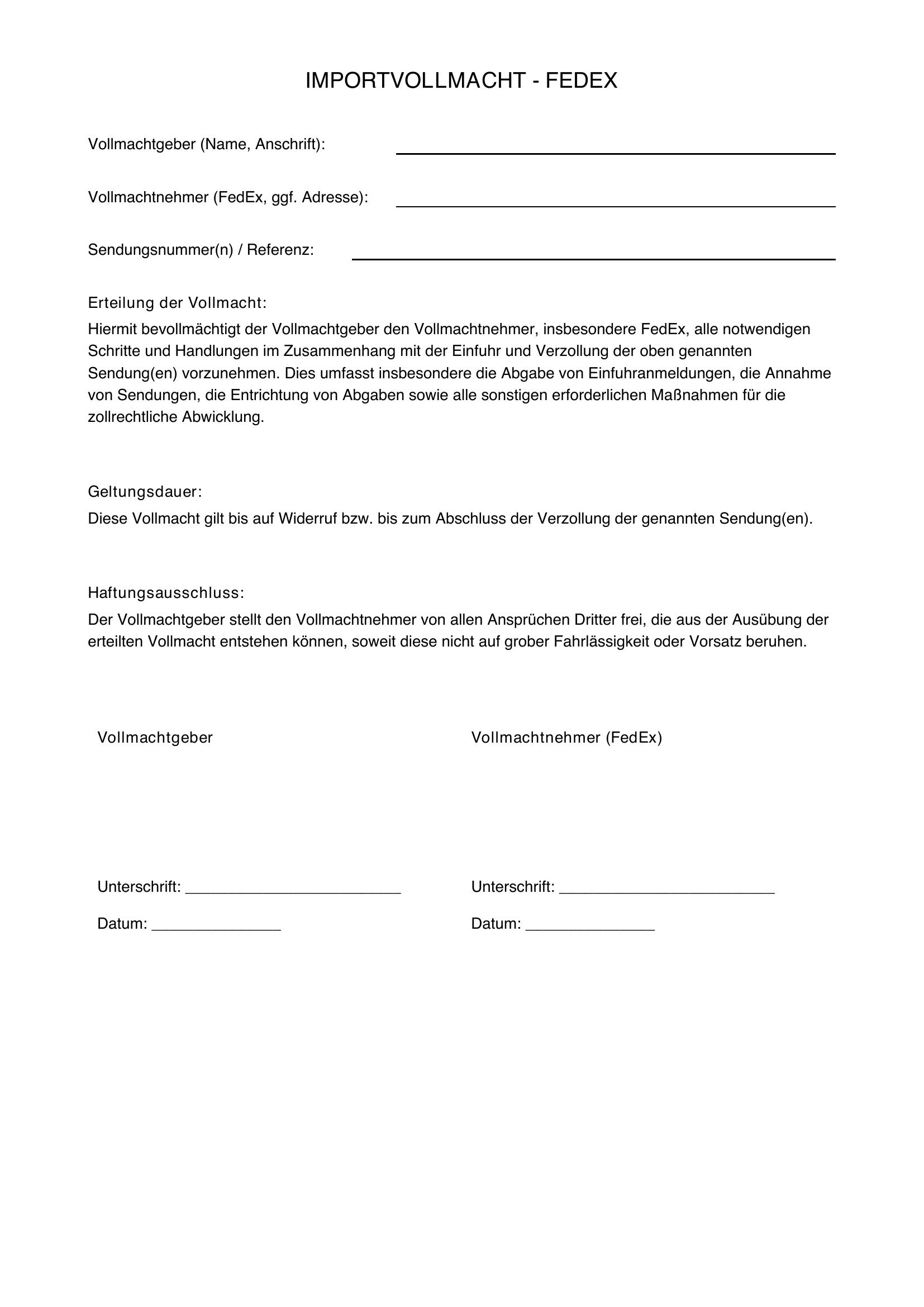 Importvollmacht Fedex Formlos