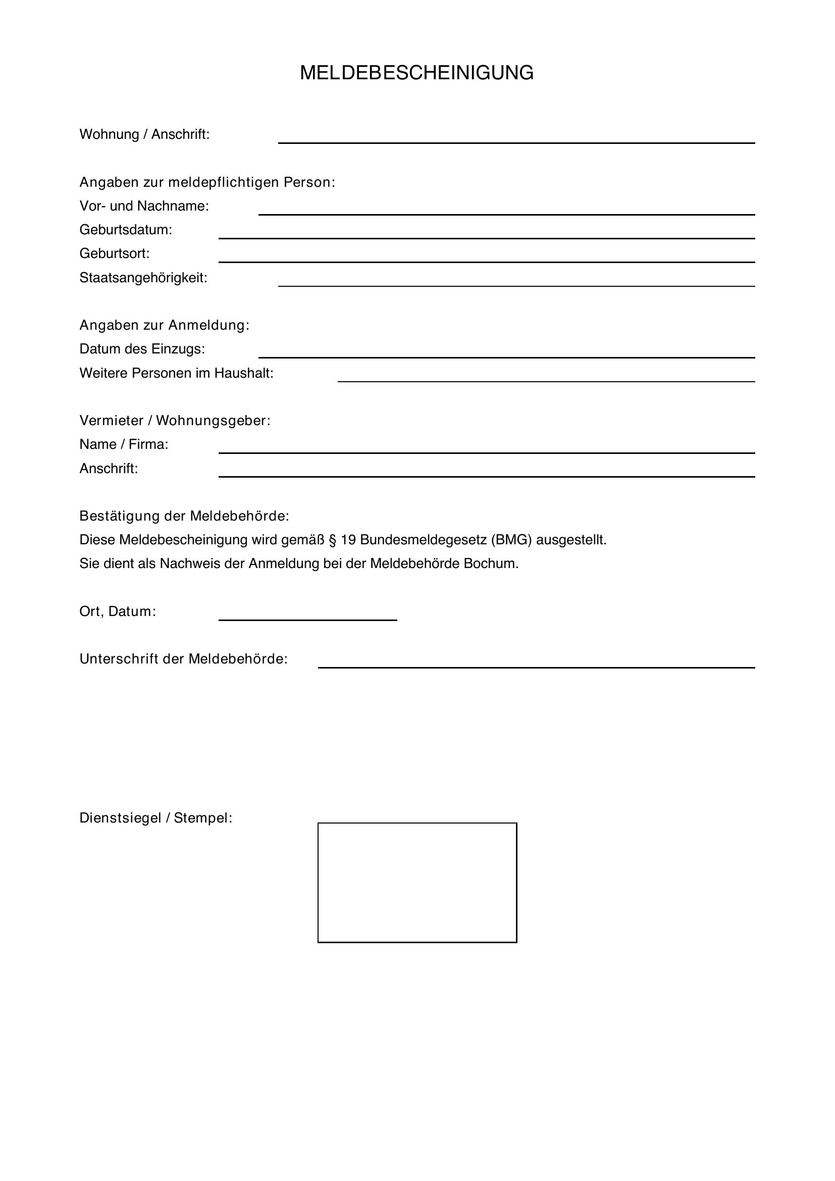 Meldebescheinigung Bochum