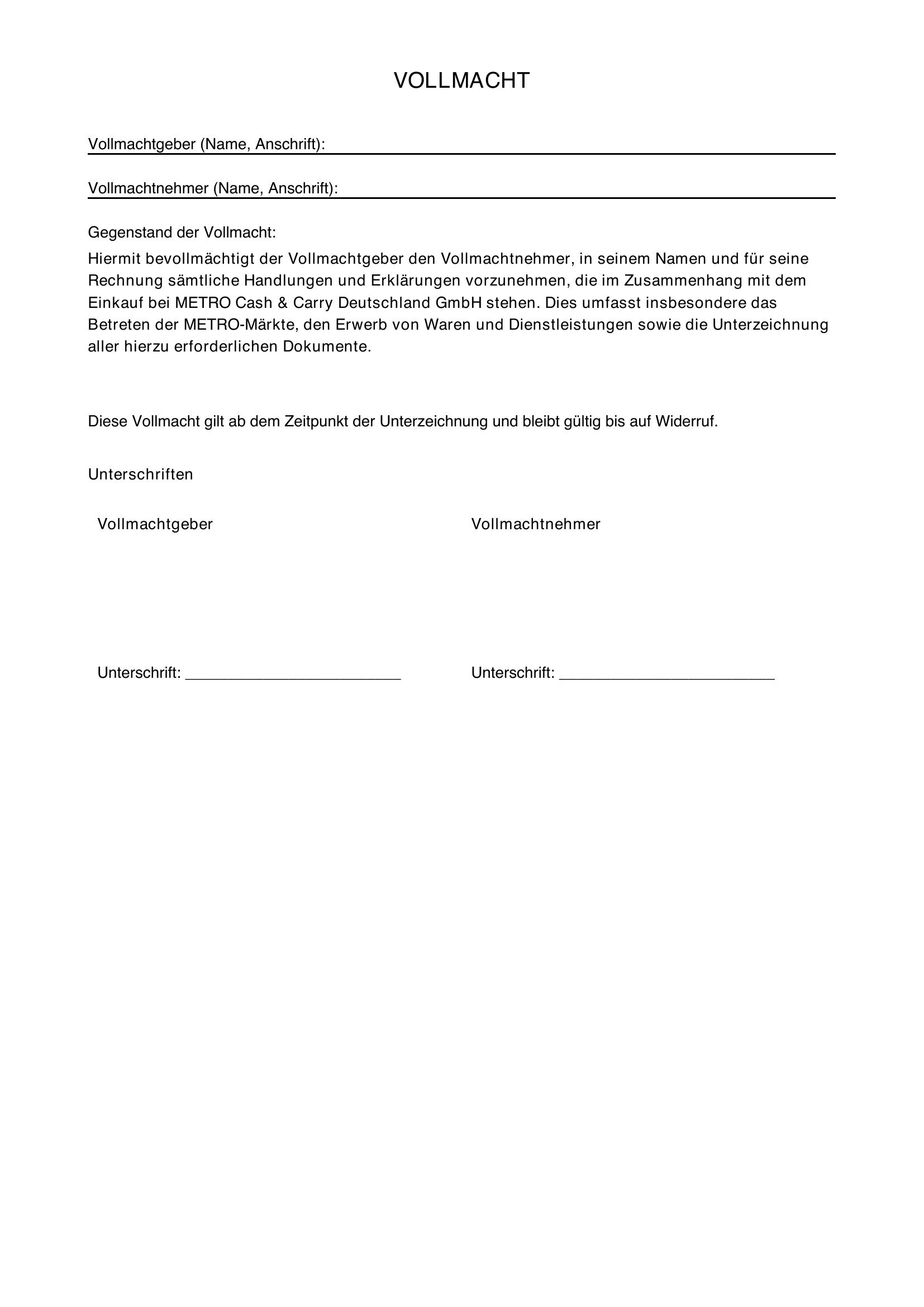 Metro Vollmacht Vordruck