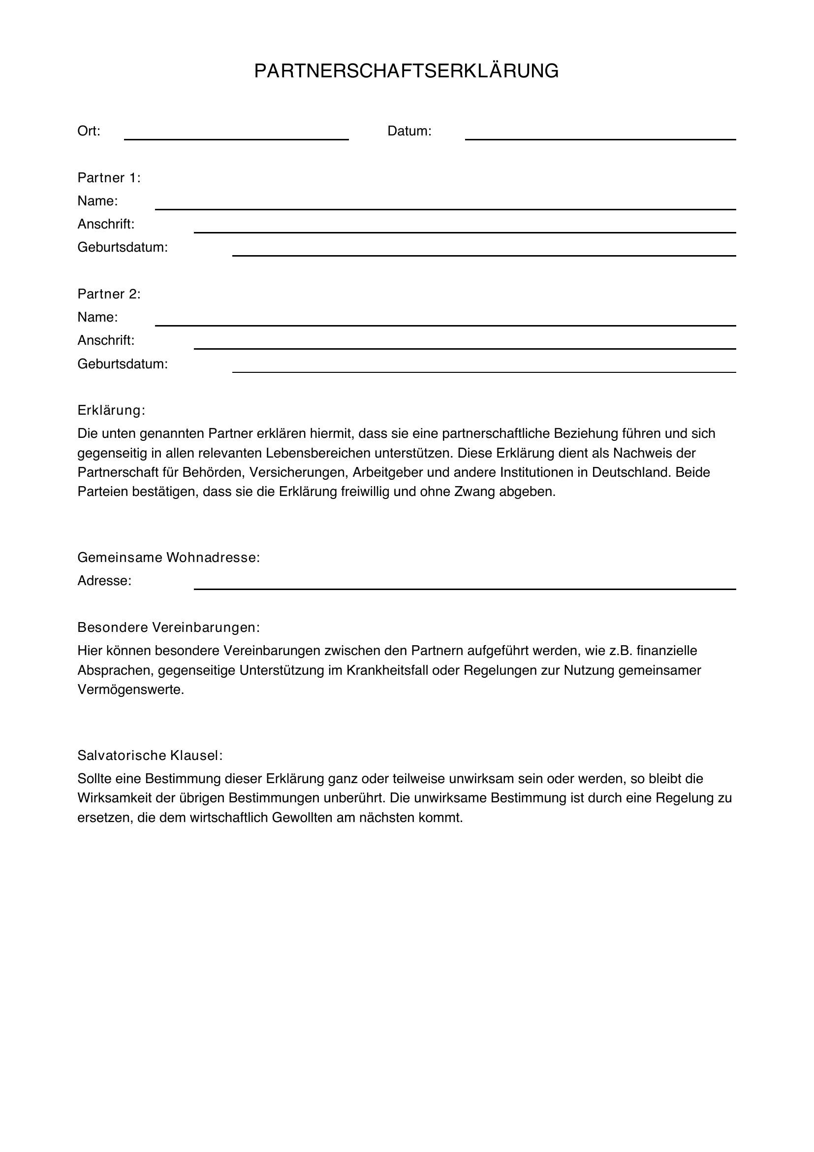 Partnerschaftserklärung Vorlage