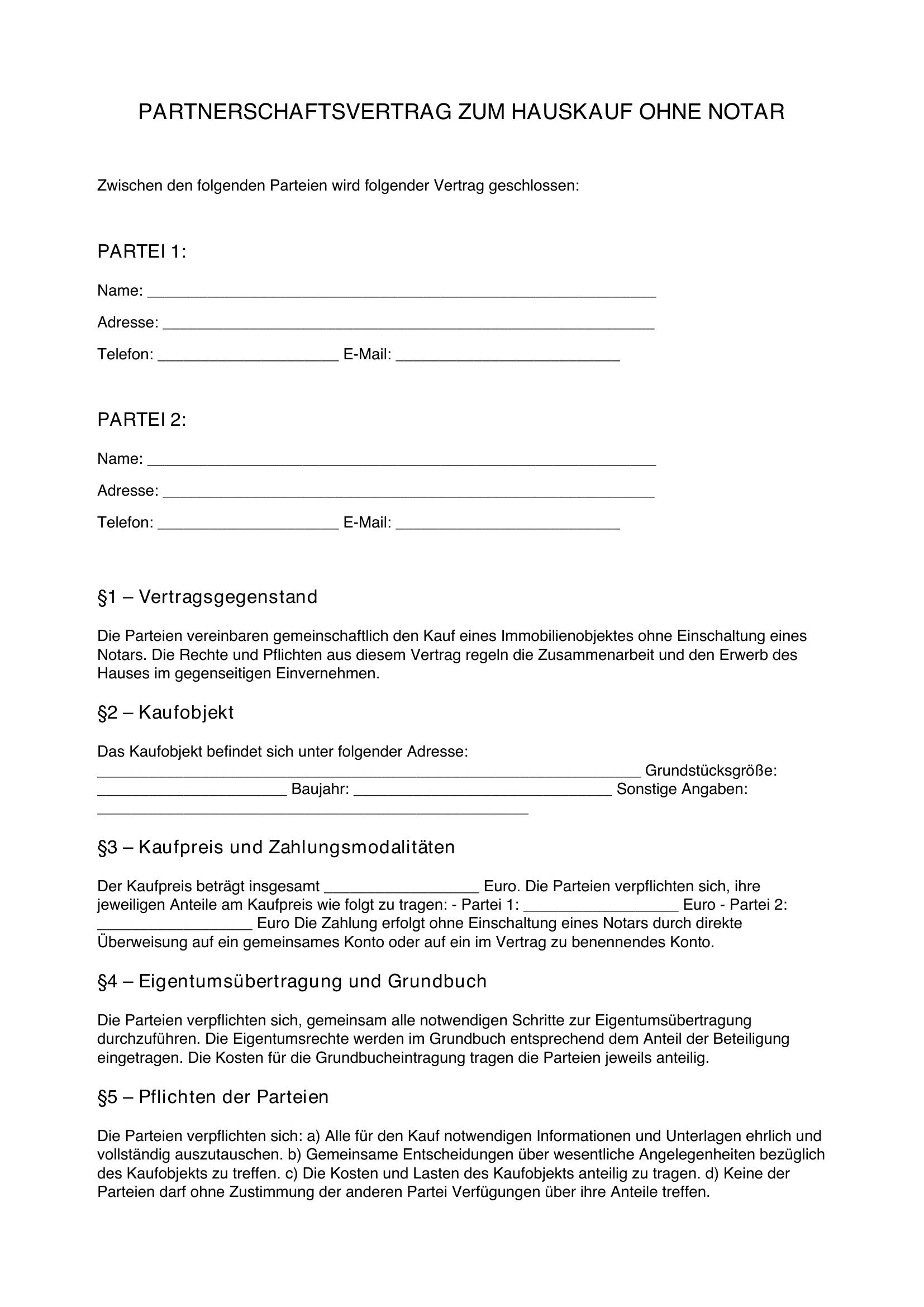 Partnerschaftsvertrag Hauskauf Ohne Notar Muster