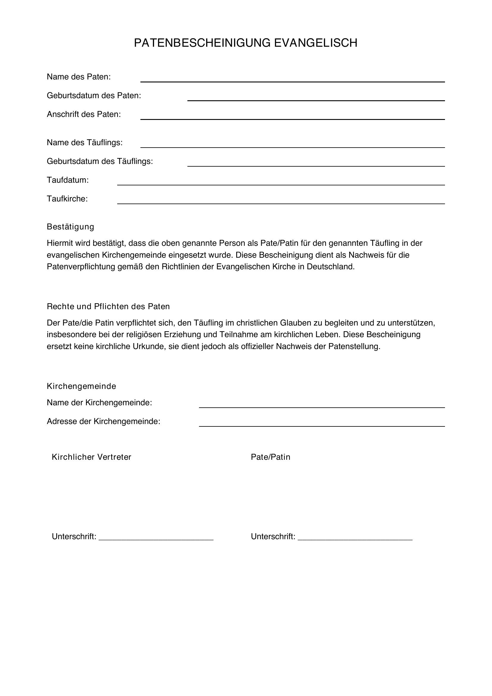Patenbescheinigung Evangelisch