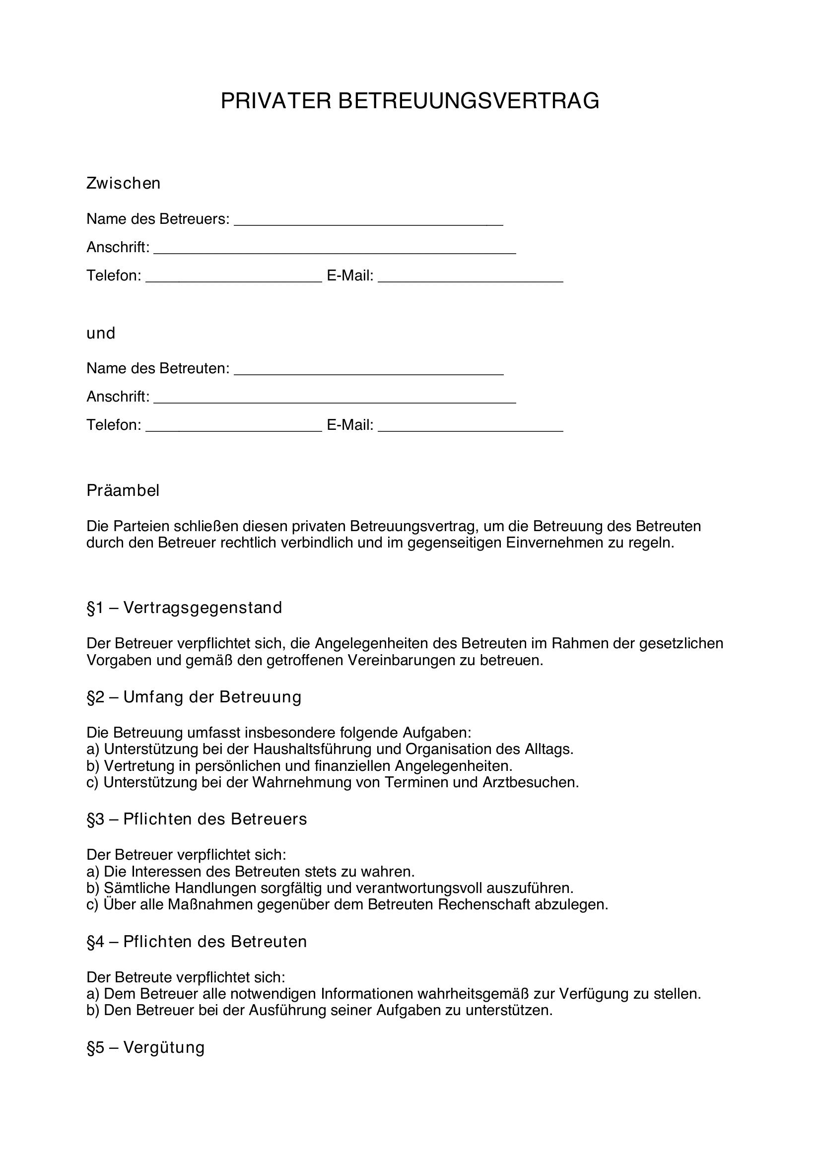 Privater Betreuungsvertrag Muster