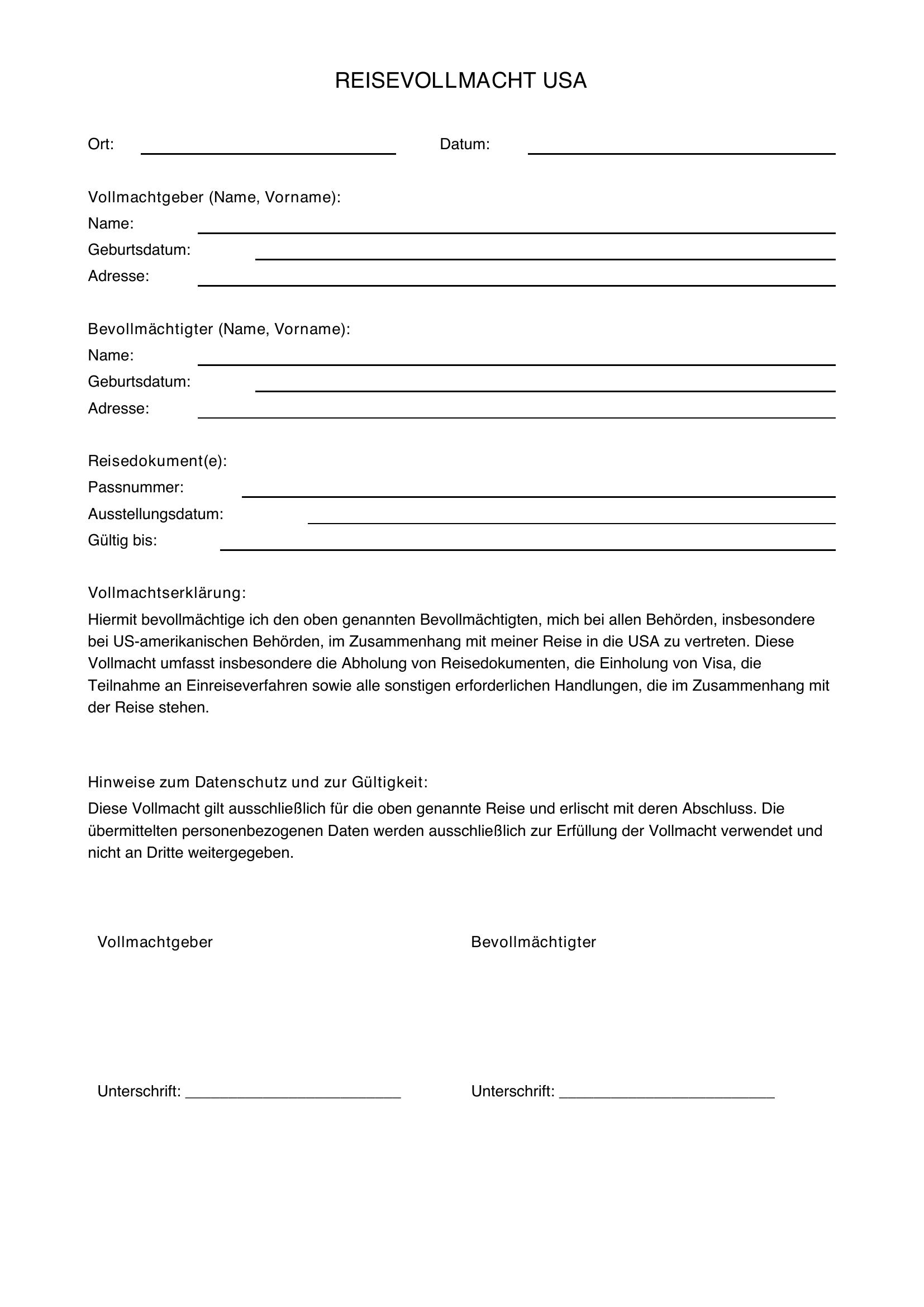 Reisevollmacht Usa Vorlage
