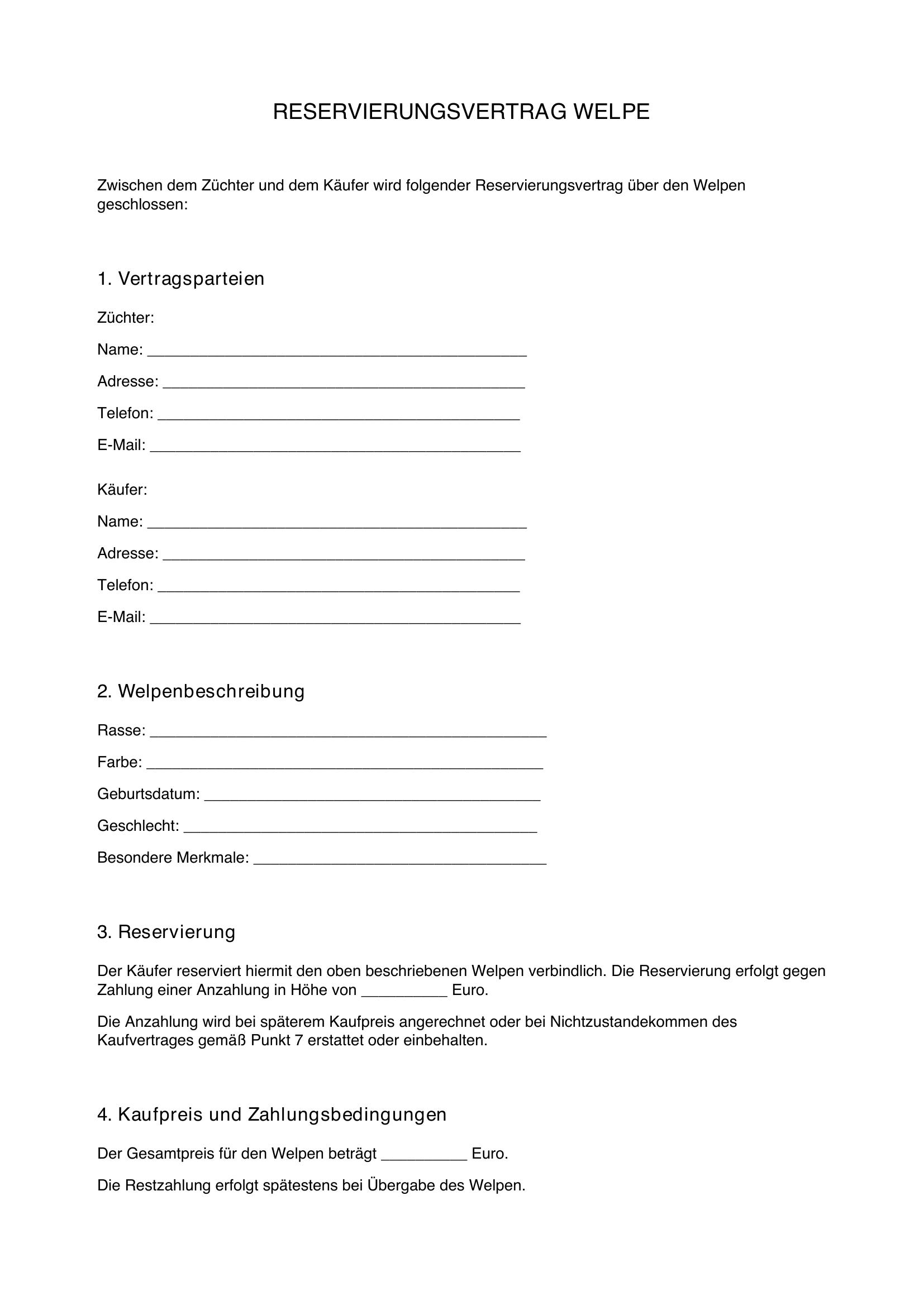 Reservierungsvertrag Welpe