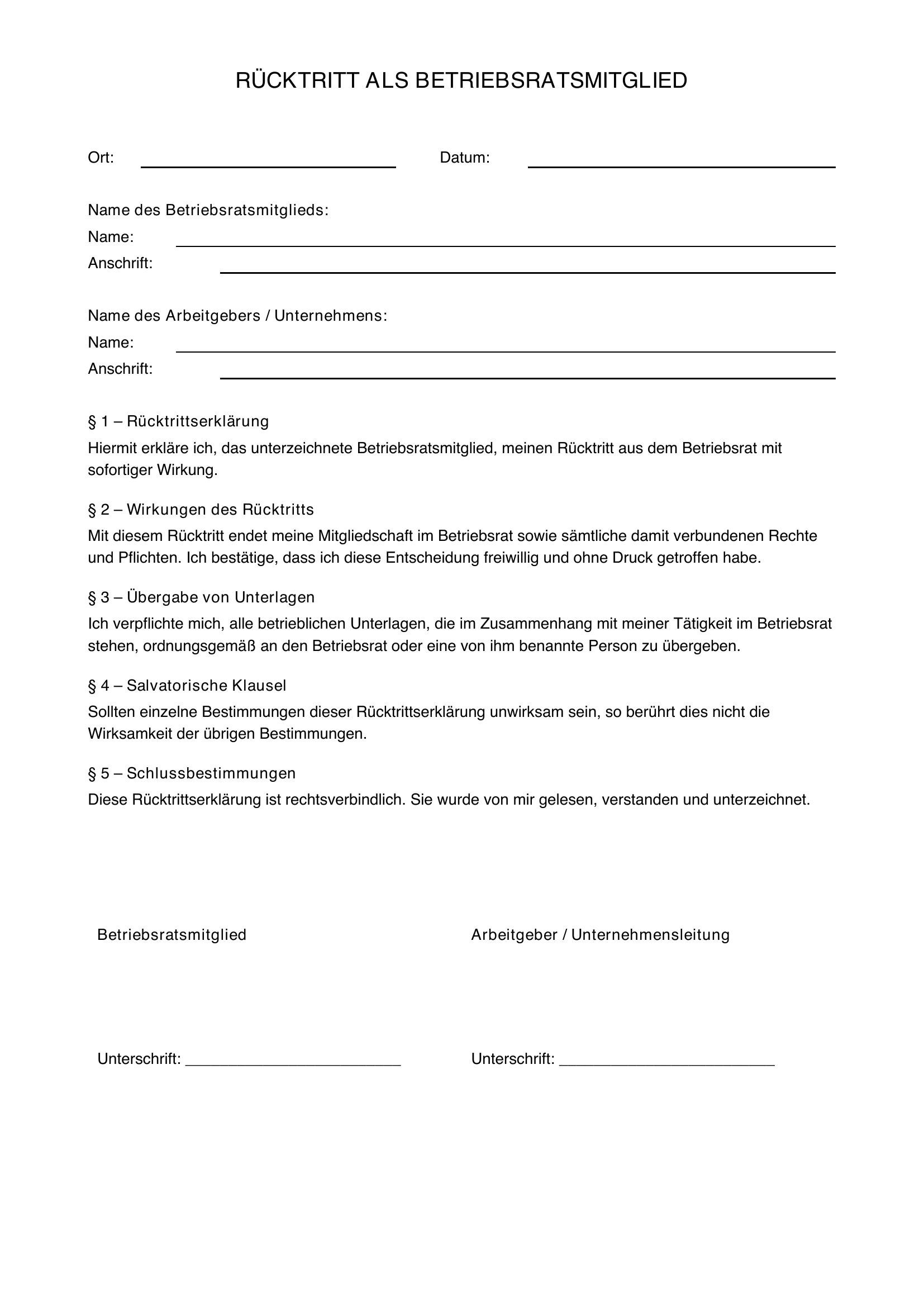 Rücktritt Betriebsratsmitglied Vorlage