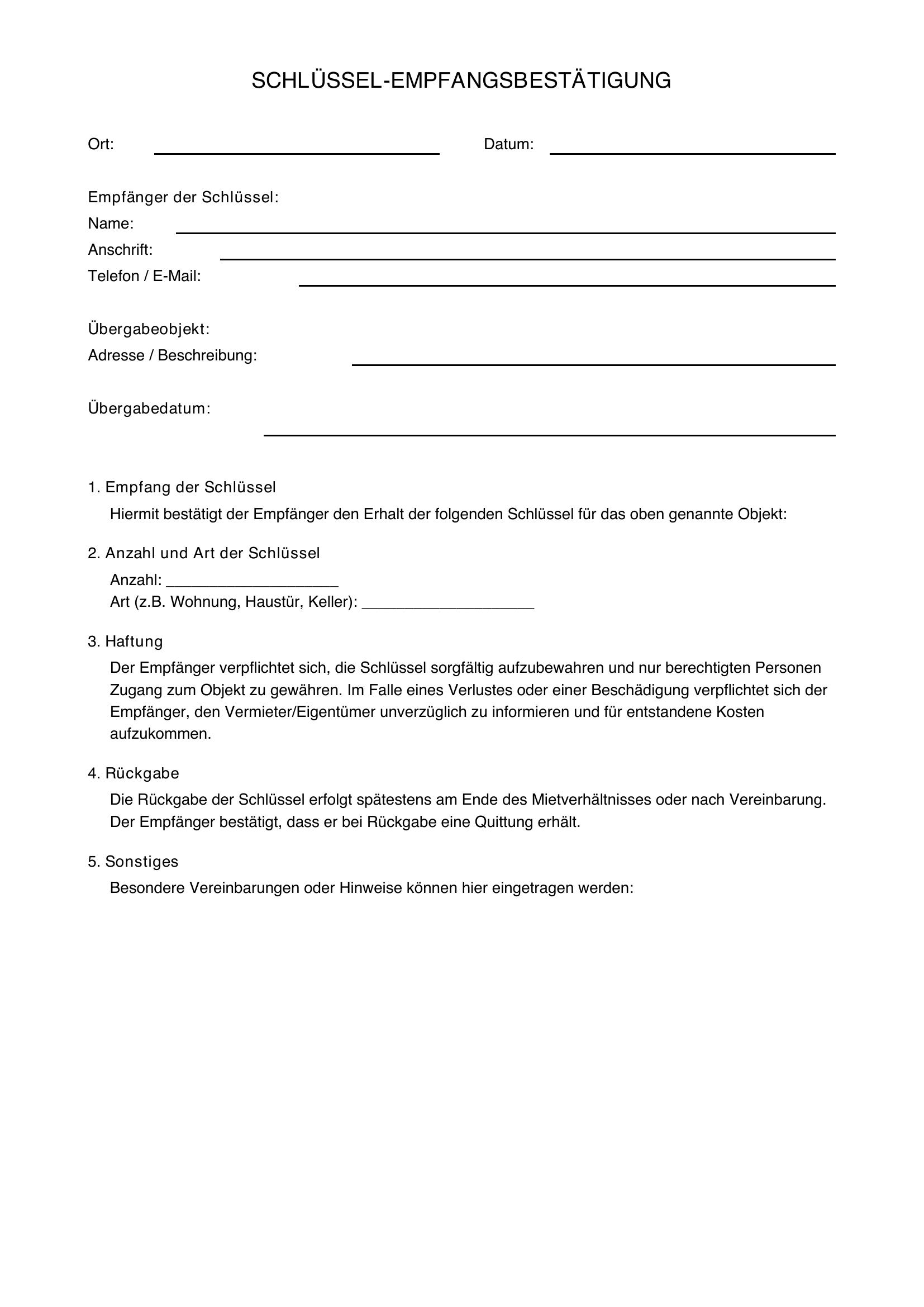 Schlüssel-Empfangsbestätigung Muster