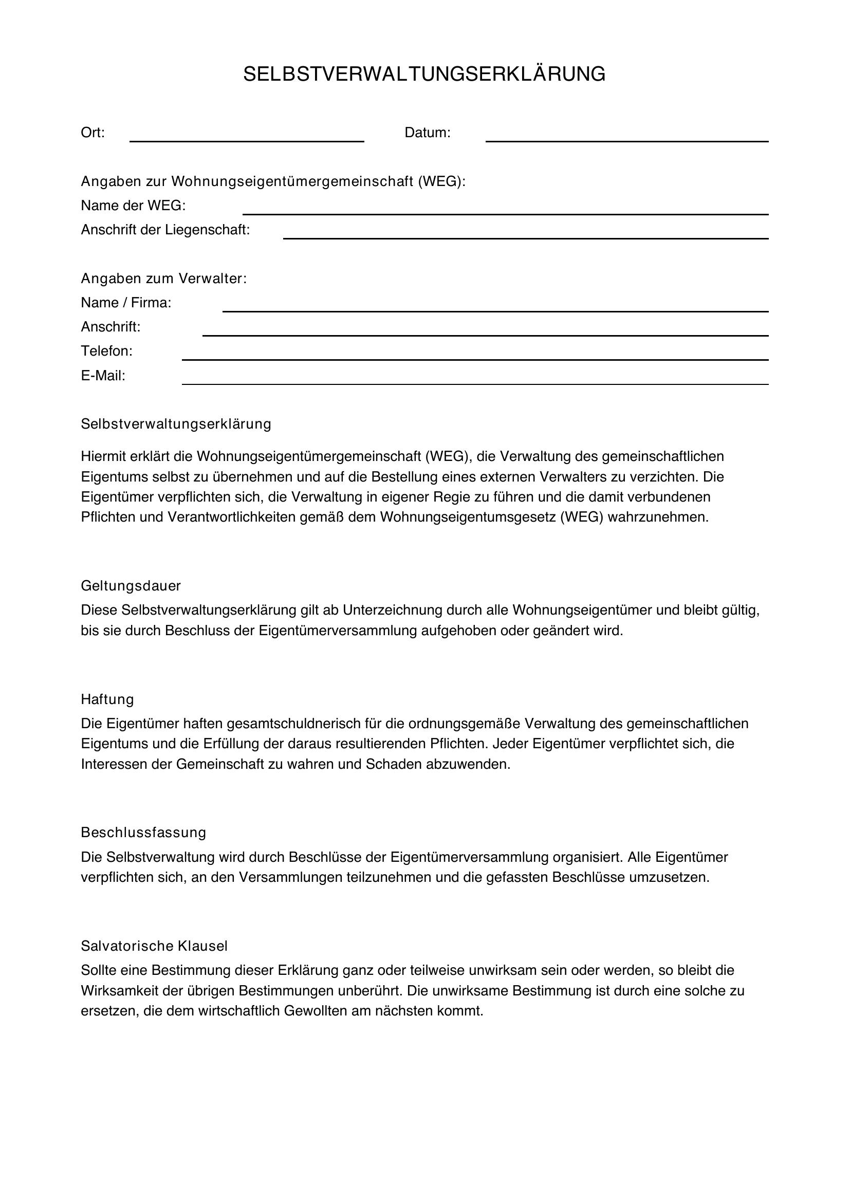 Selbstverwaltungserklärung Vorlage