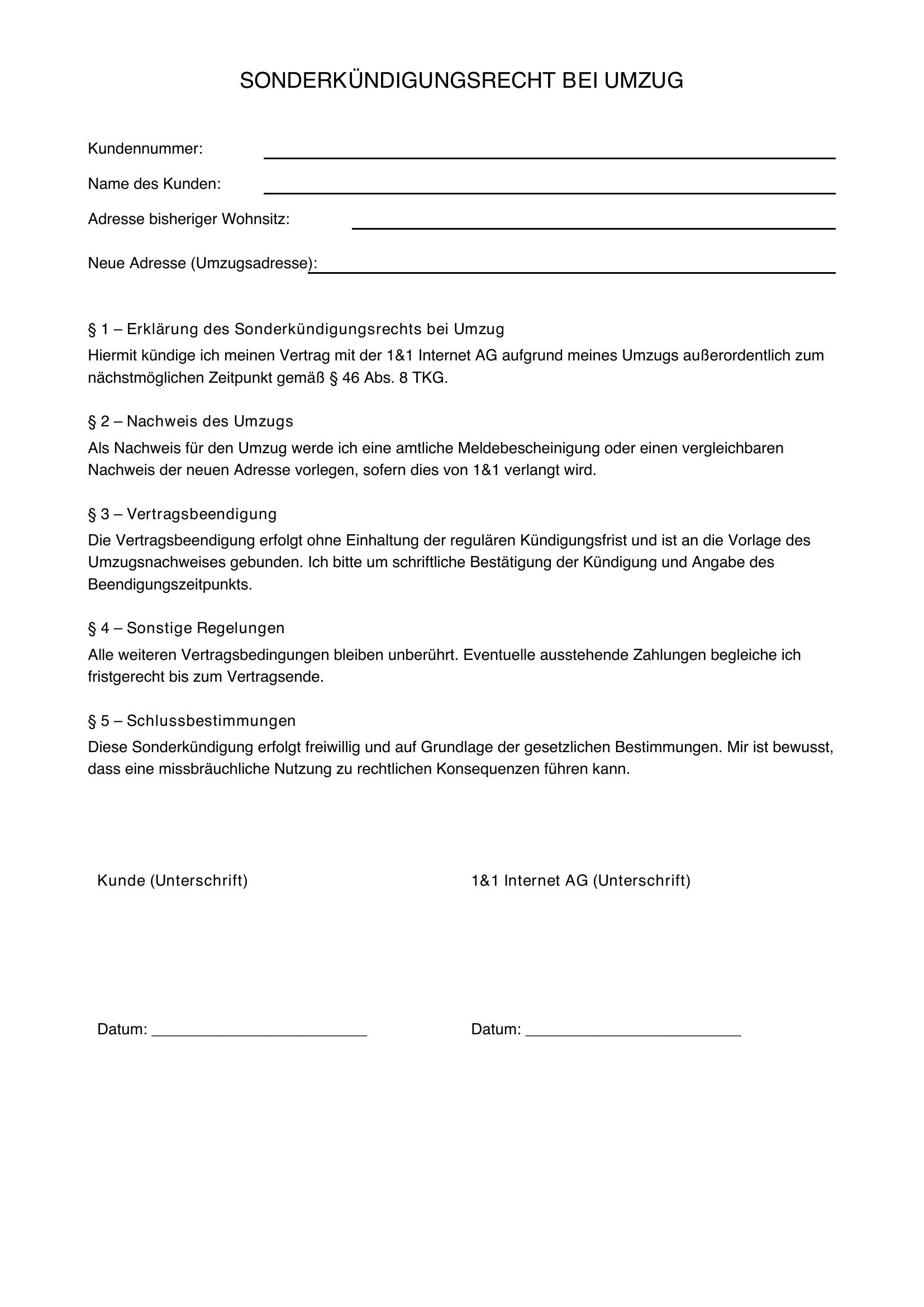 Sonderkündigungsrecht 1&1 Umzug Vorlage