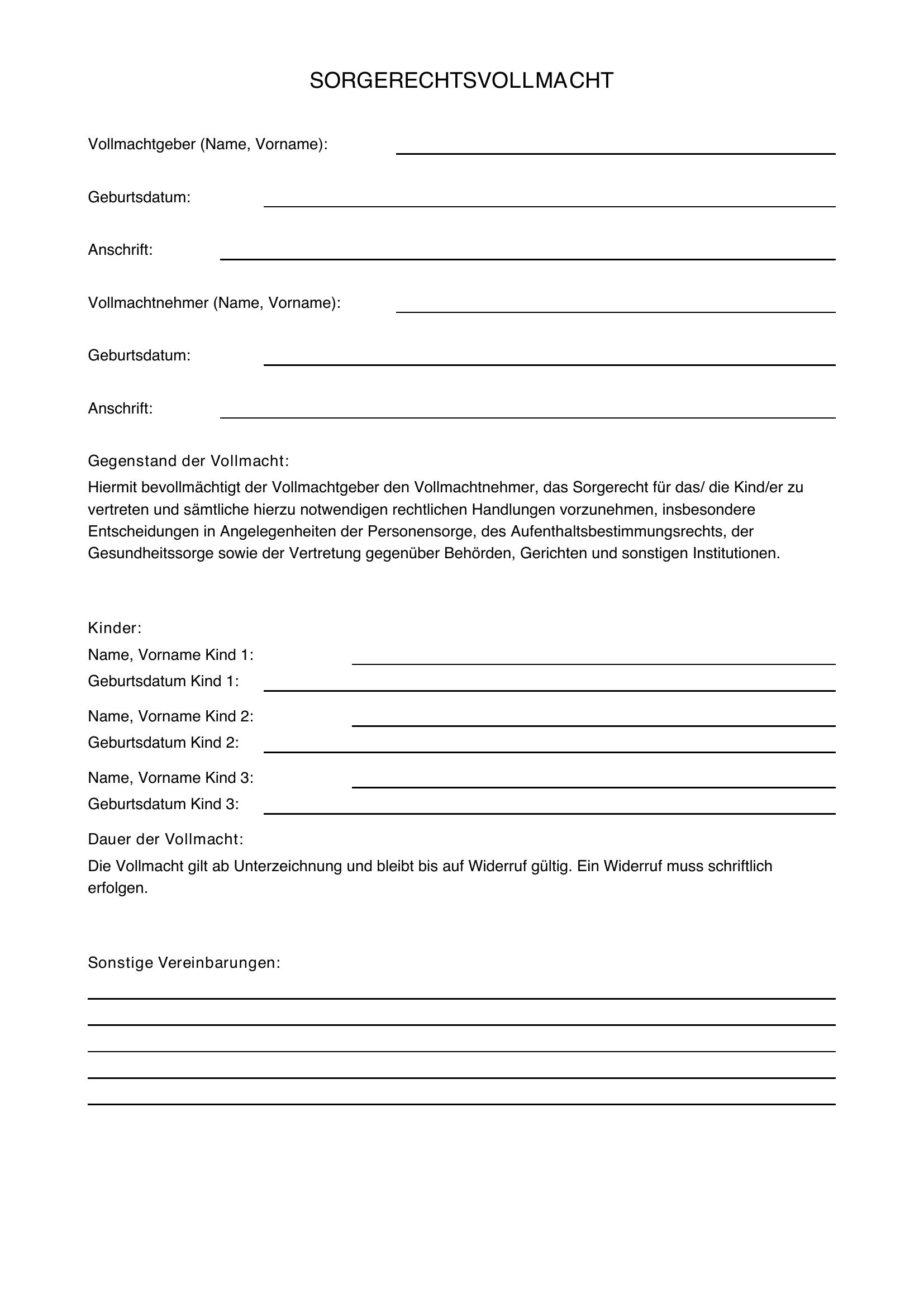 Sorgerechtsvollmacht Muster