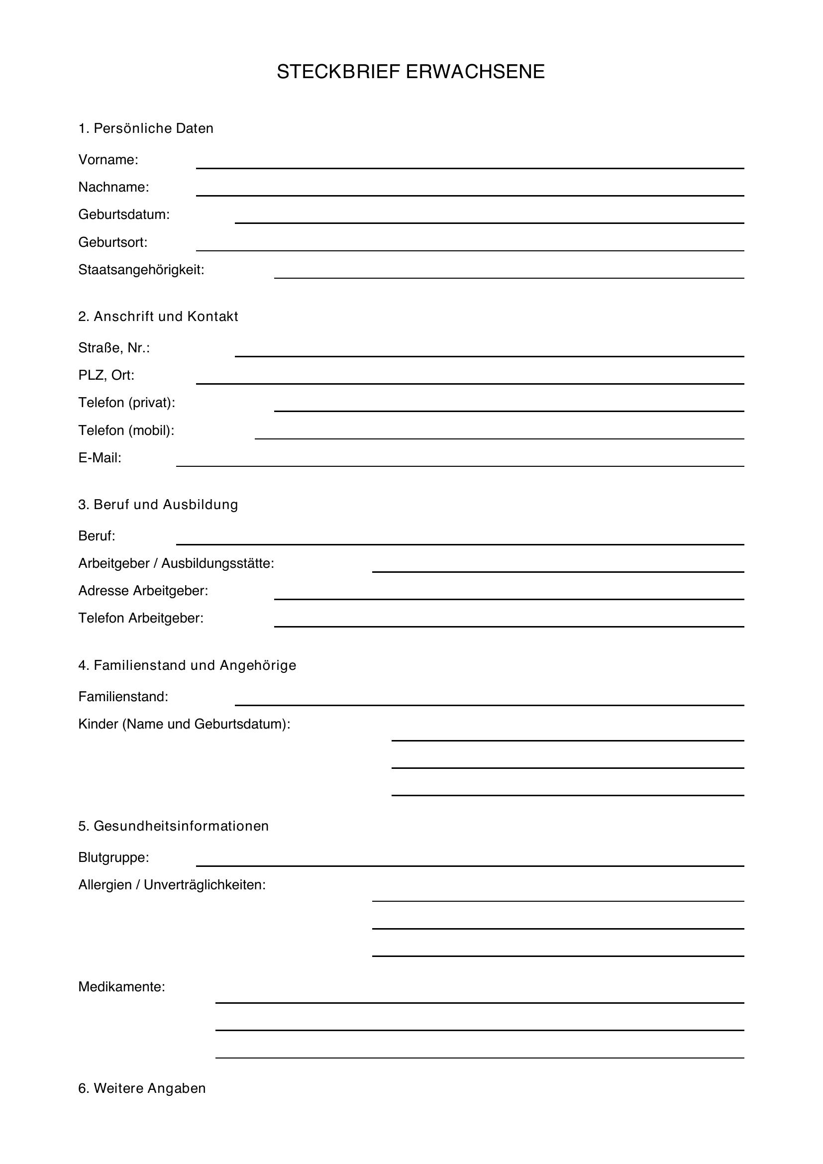 Steckbrief Vorlage Erwachsene