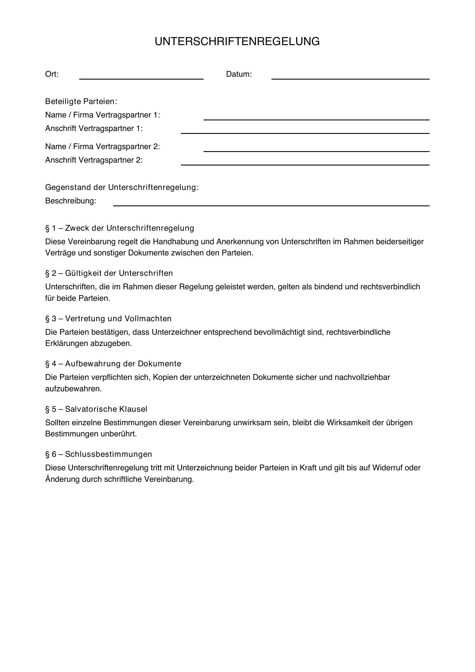 Unterschriftenregelung Vorlage