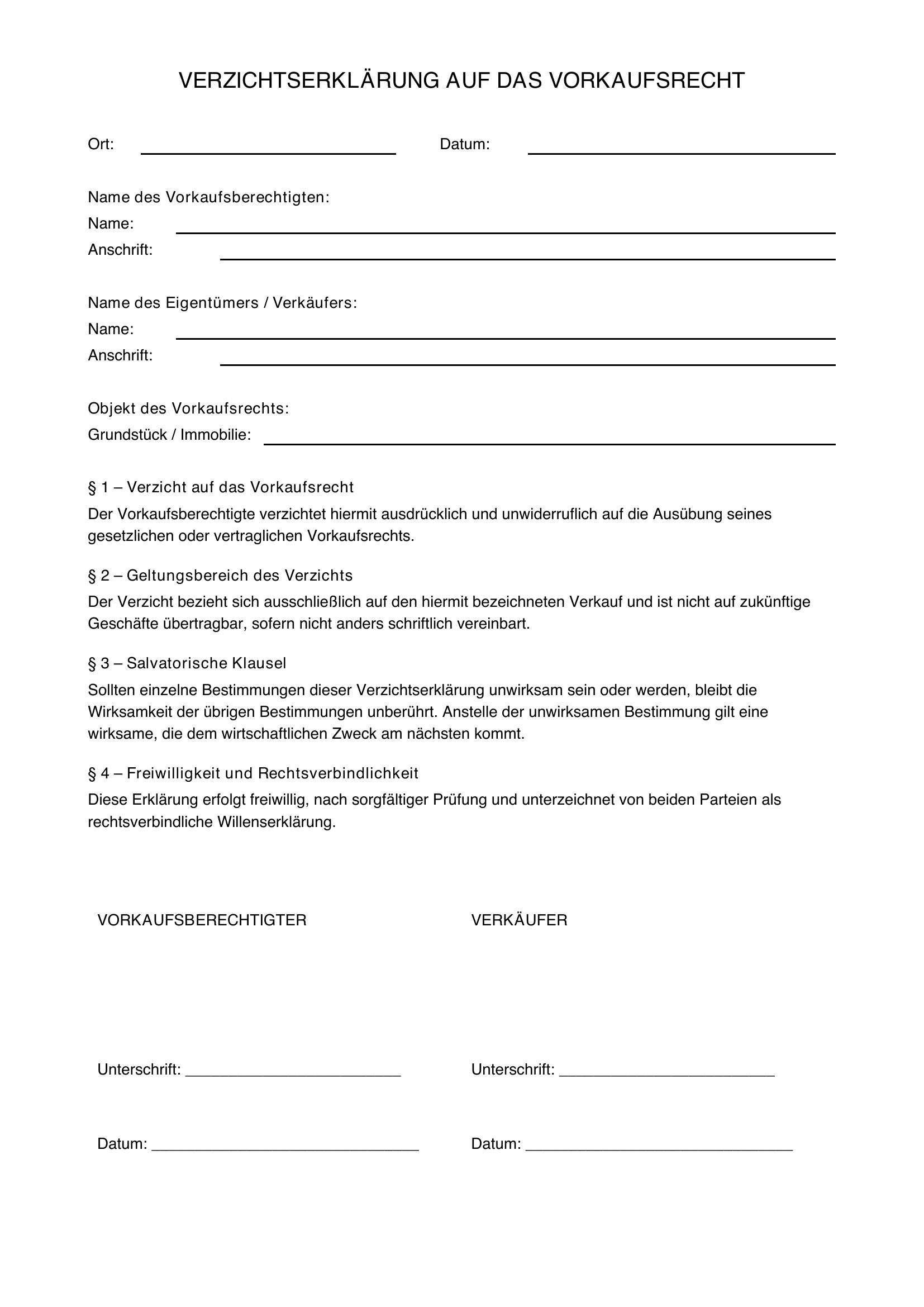 Verzichtserklärung Vorlage