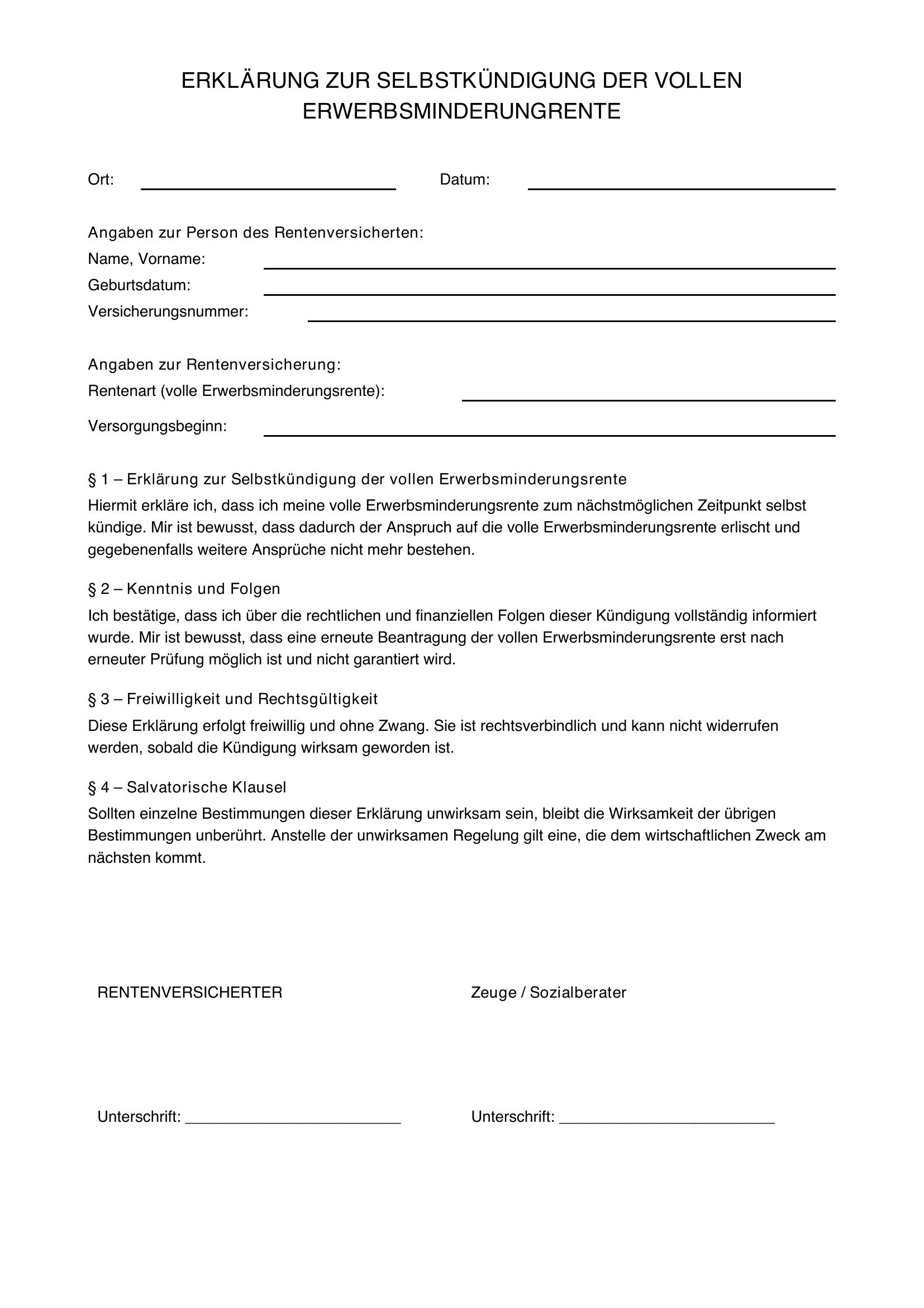 Volle Erwerbsminderungsrente Selber Kündigen Muster