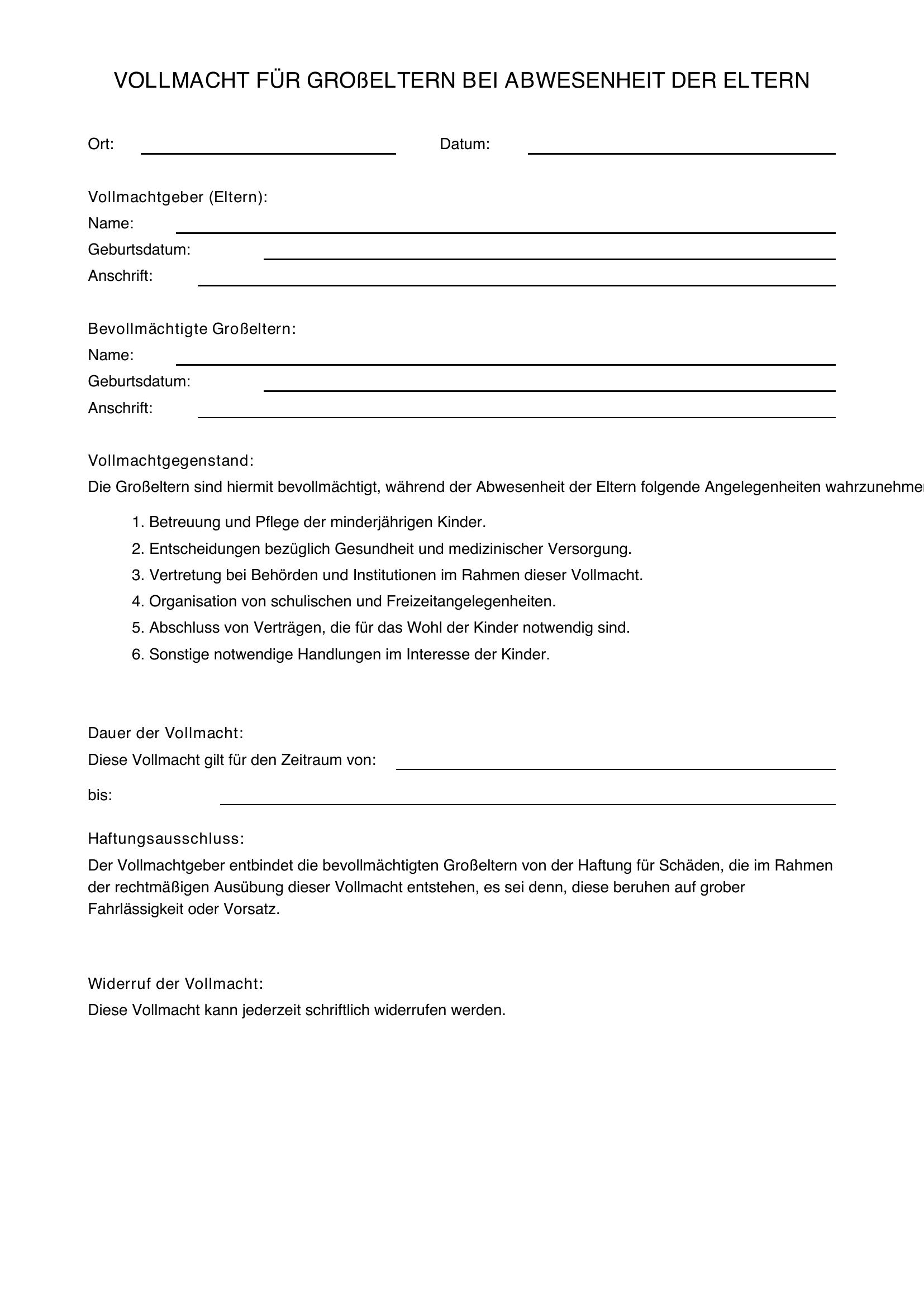 Vollmacht Für Großeltern Bei Abwesenheit Der Eltern Muster