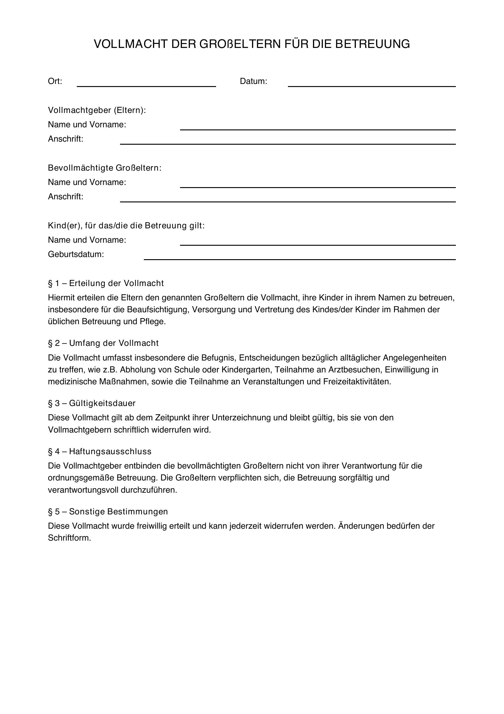 Vollmacht Großeltern Betreuung