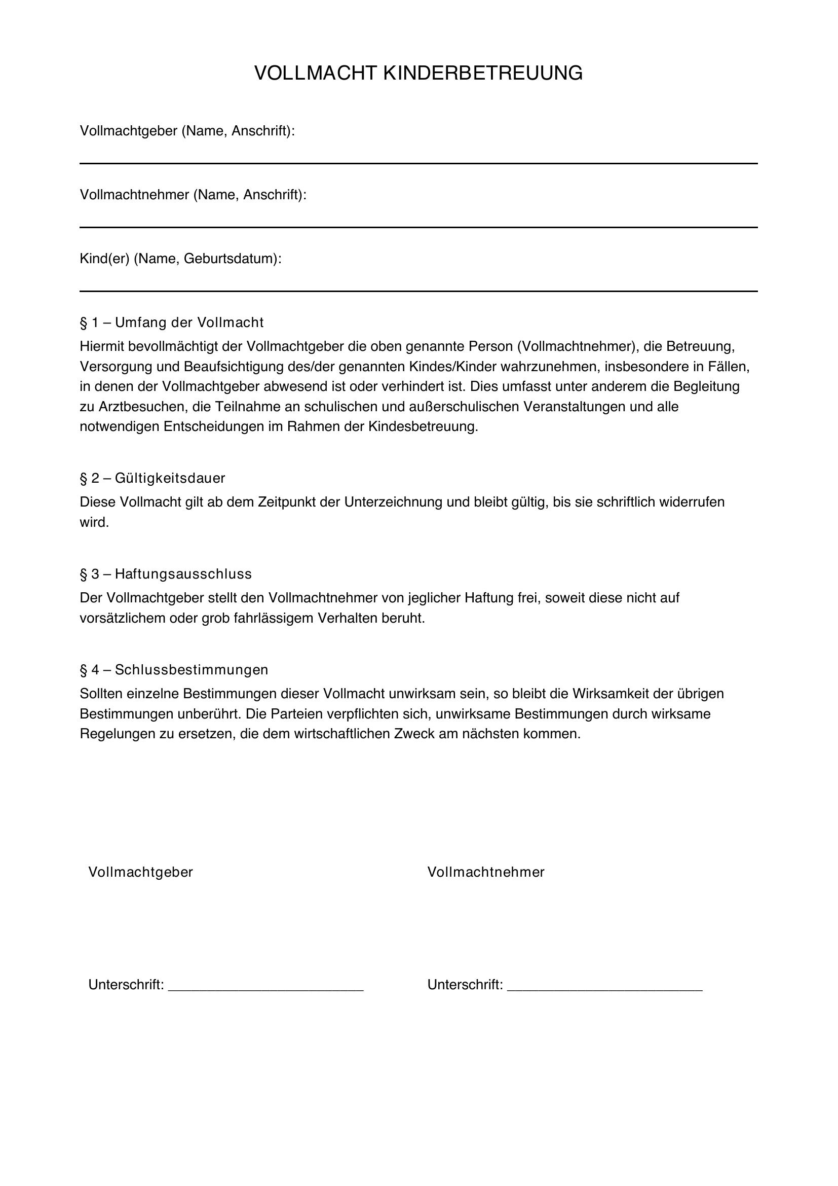 Vollmacht Kinderbetreuung