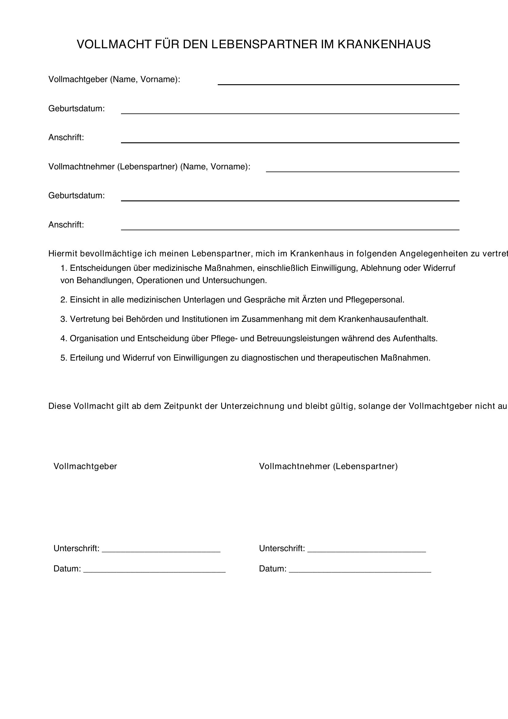 Vollmacht Lebenspartner Krankenhaus Muster