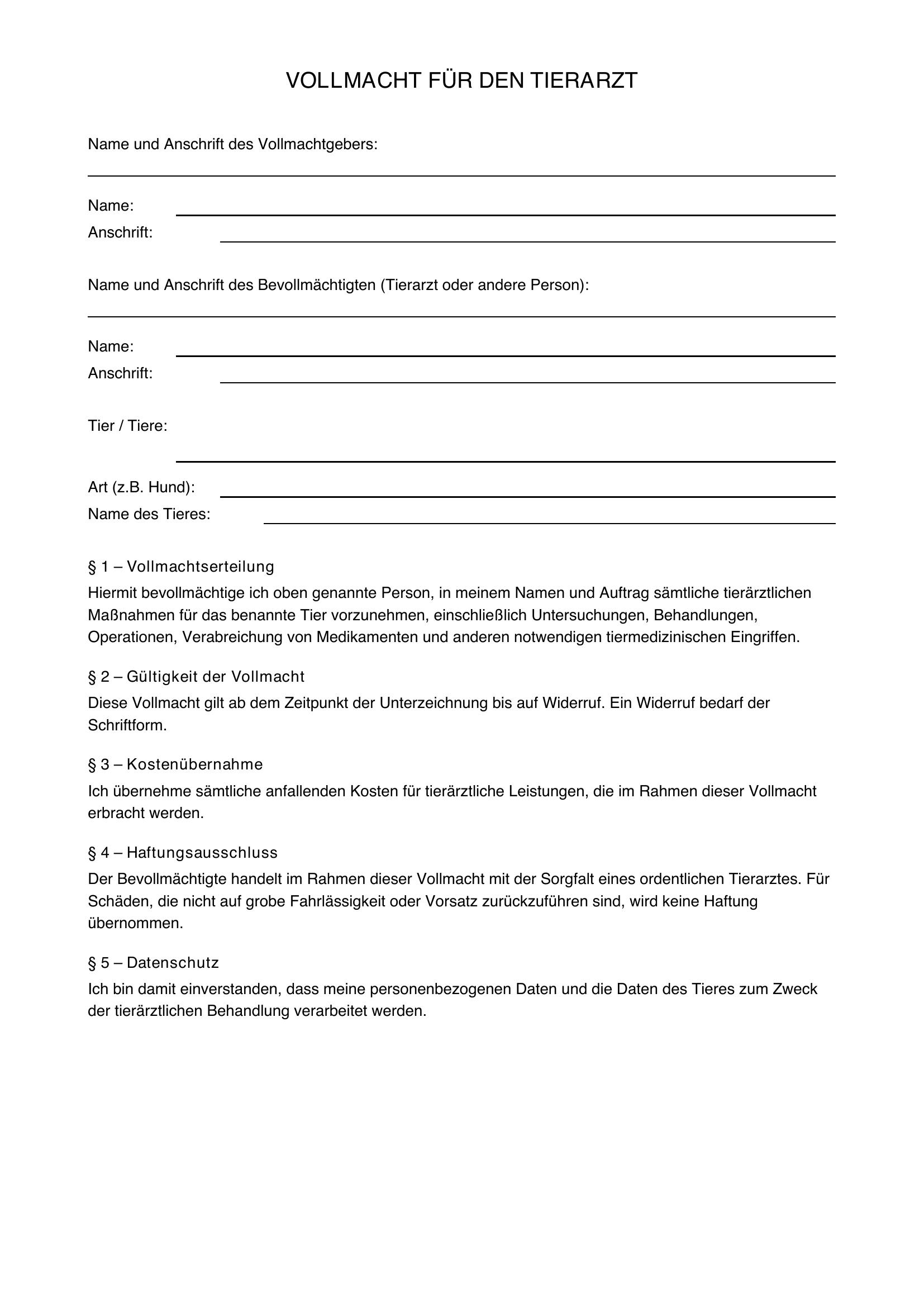 Vollmacht Tierarzt Hund Vorlage