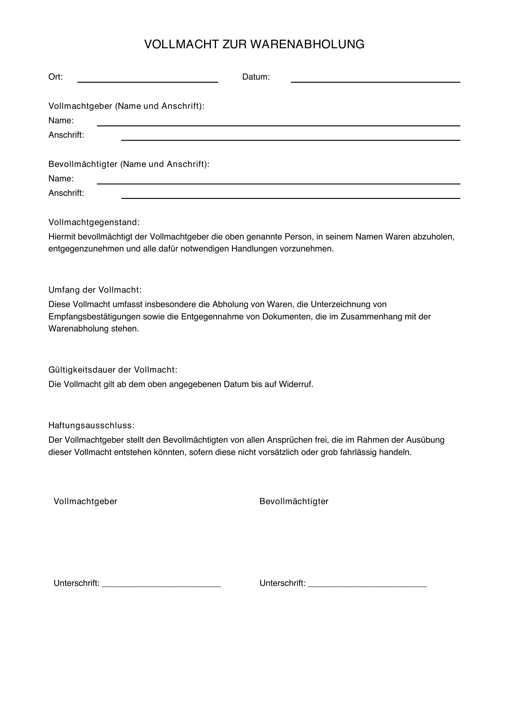 Vollmacht Warenabholung