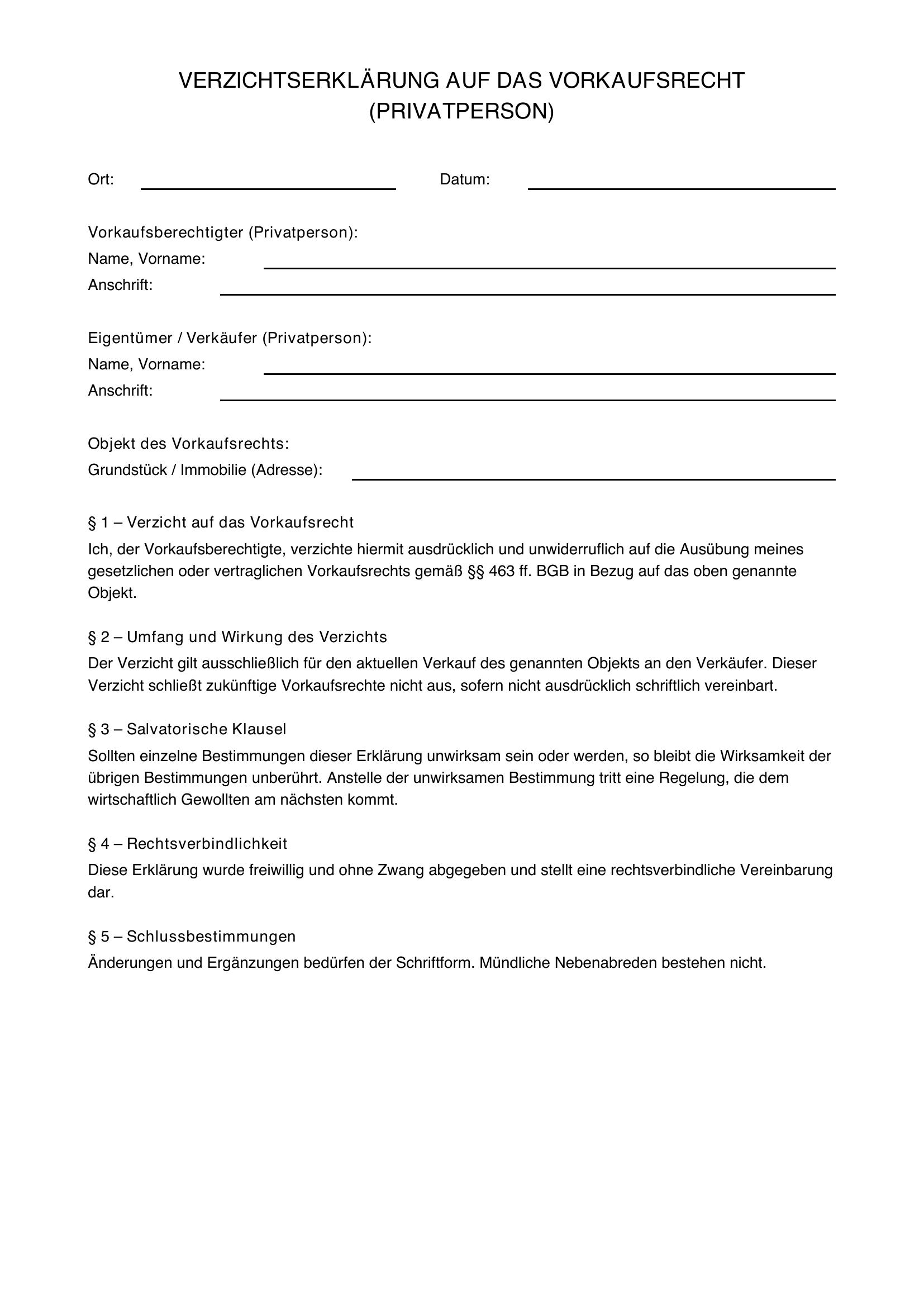 Vorkaufsrechtsverzichtserklärung Privatperson Muster