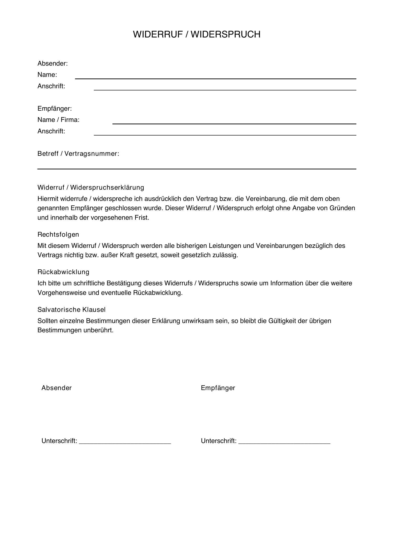 Widerspruch Vorlage Download