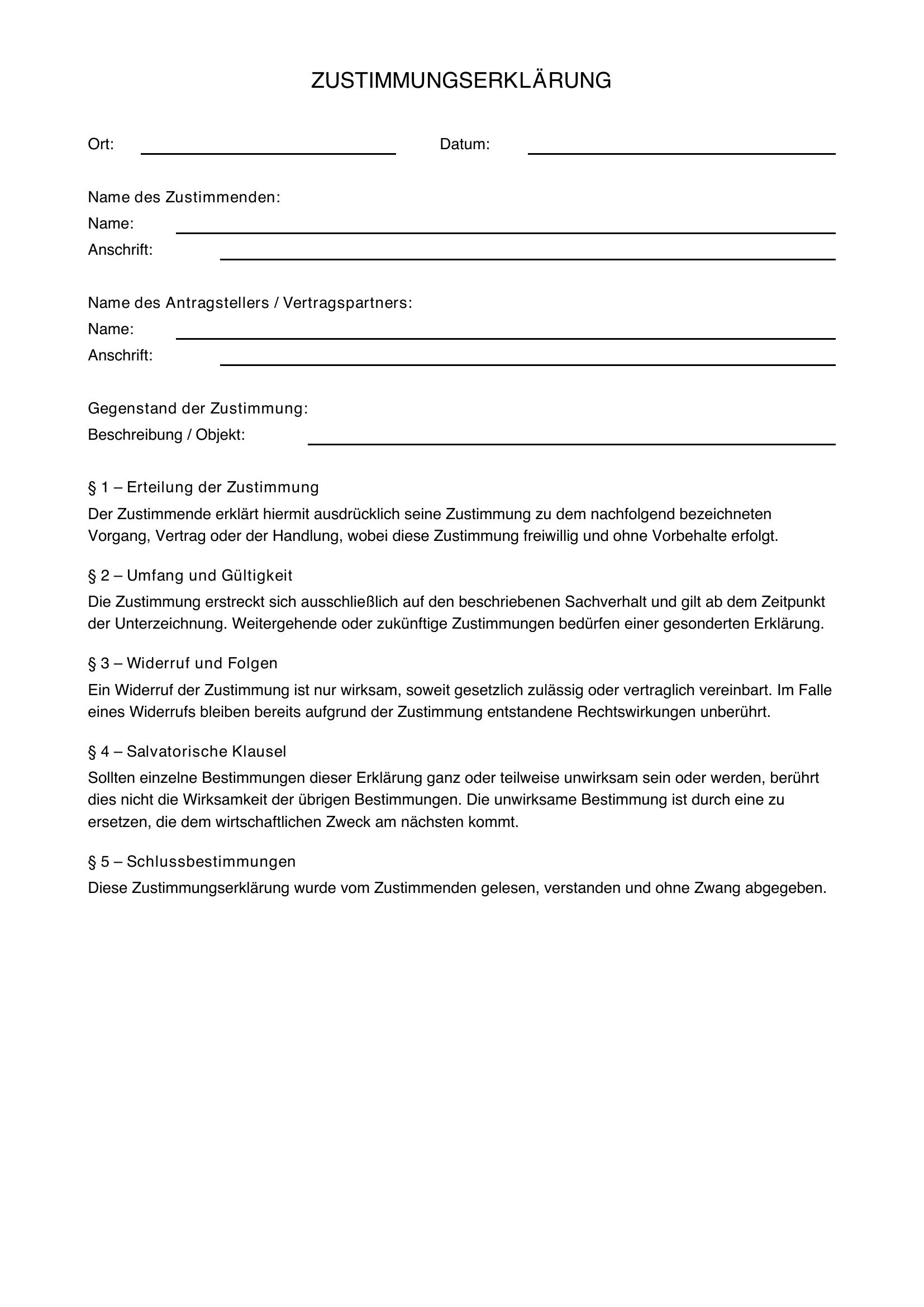 Zustimmungserklärung Vorlage